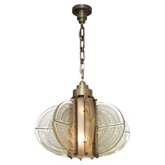French Art Deco Glass Chandelier with Cylindrical Glass Center and Nickel Frame