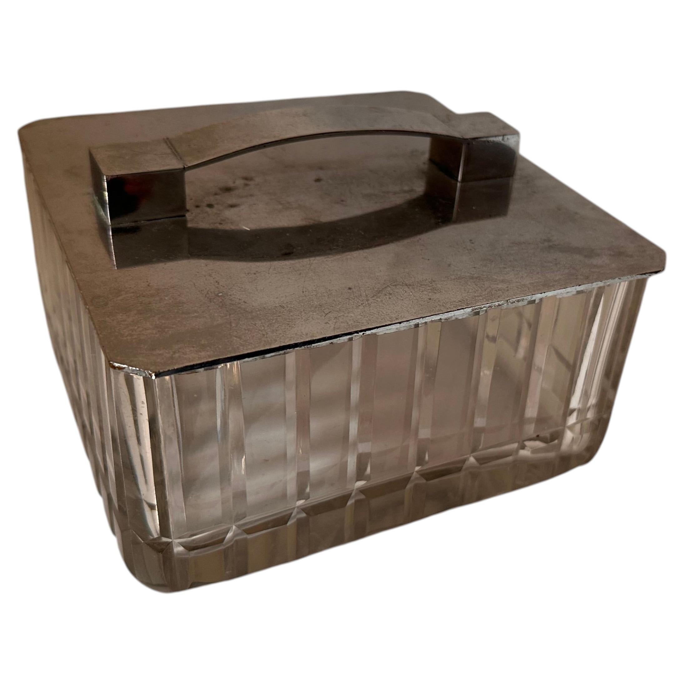 French Art Deco Glass Lidded Box with Chrome Lid, circa 1920 For Sale