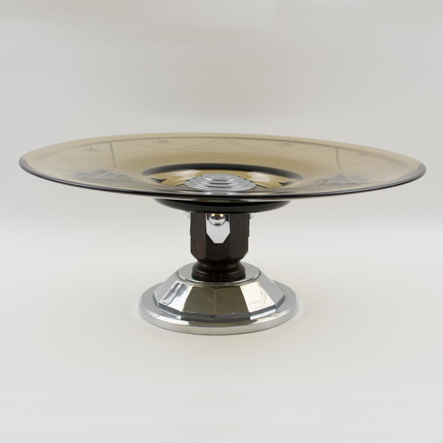 French Art Deco Glass, Macassar Wood and Chrome Centerpiece Bowl, France 1930s