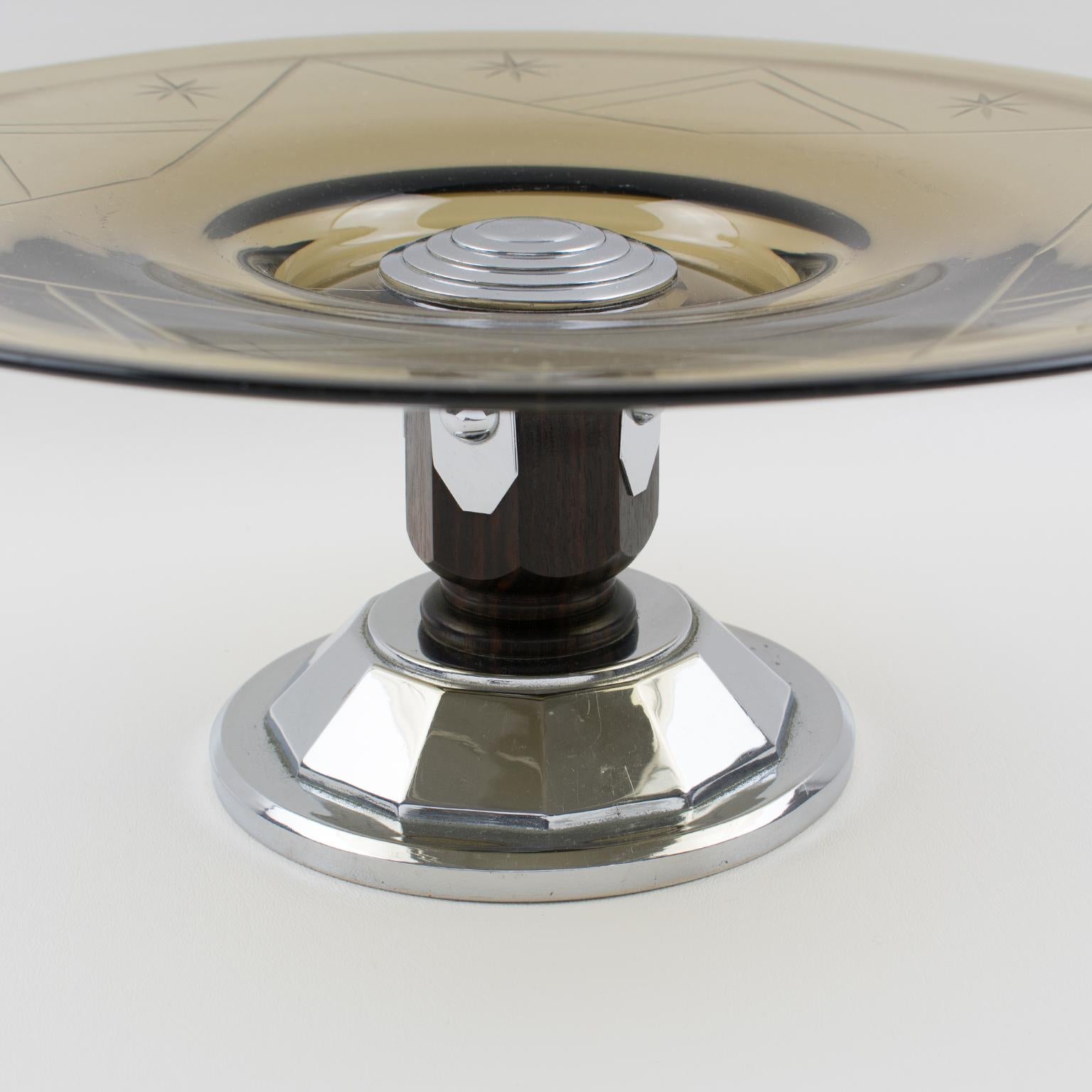 Art Deco Glass, Macassar Wood and Chrome Centerpiece Bowl, France 1930s In Good Condition In Atlanta, GA