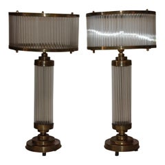 French Art Deco Glass Rod Table Lamps with Brass Frame, 1970s