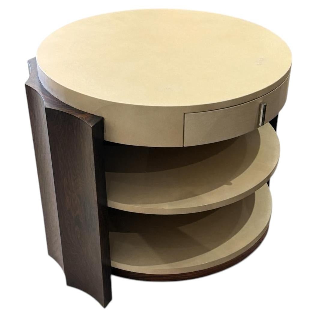 French Art Deco goatskin and wood side table with drawer and shelves