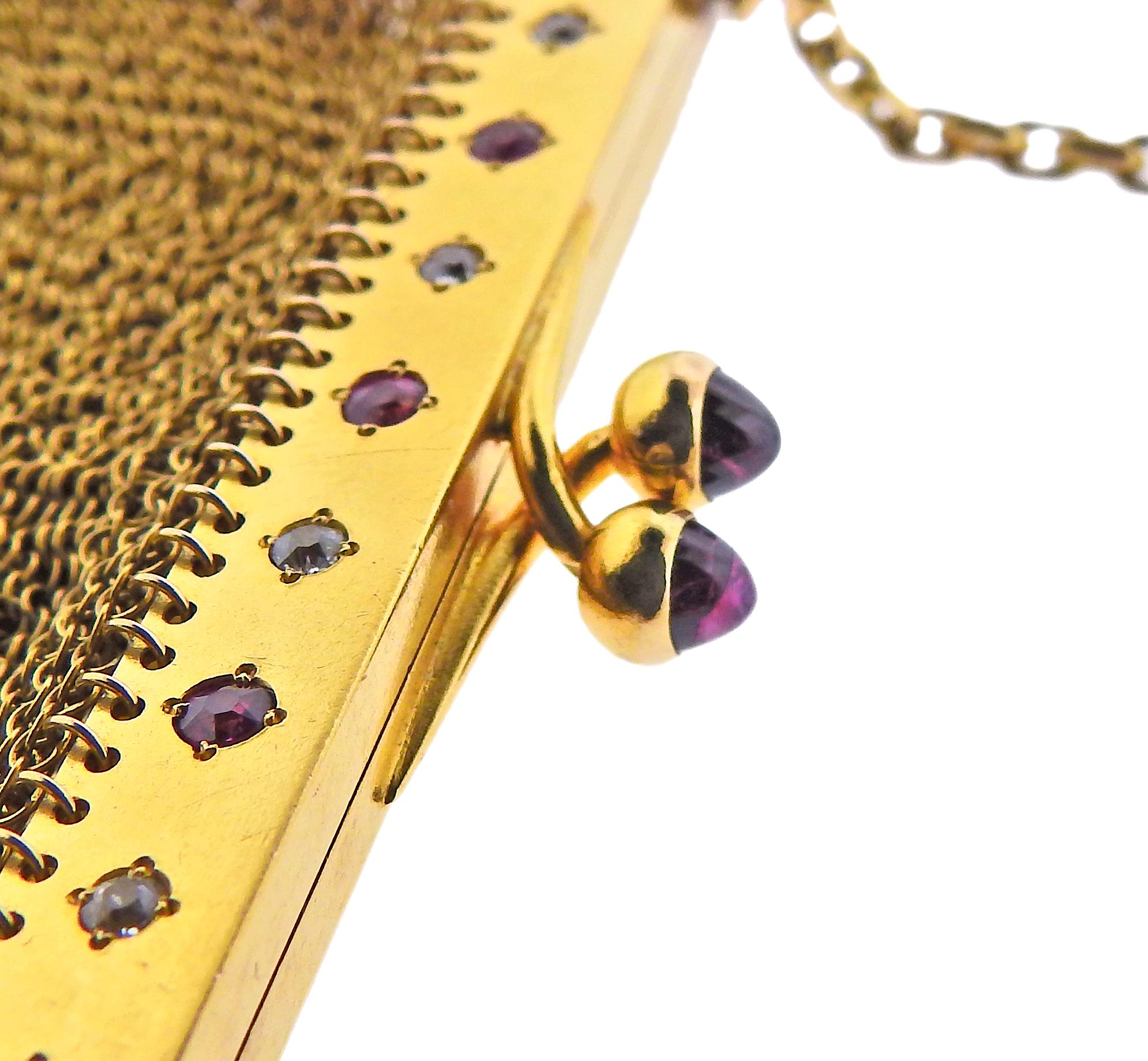 Monedero francés Art Déco Oro Rubí Diamante Malla Art Decó