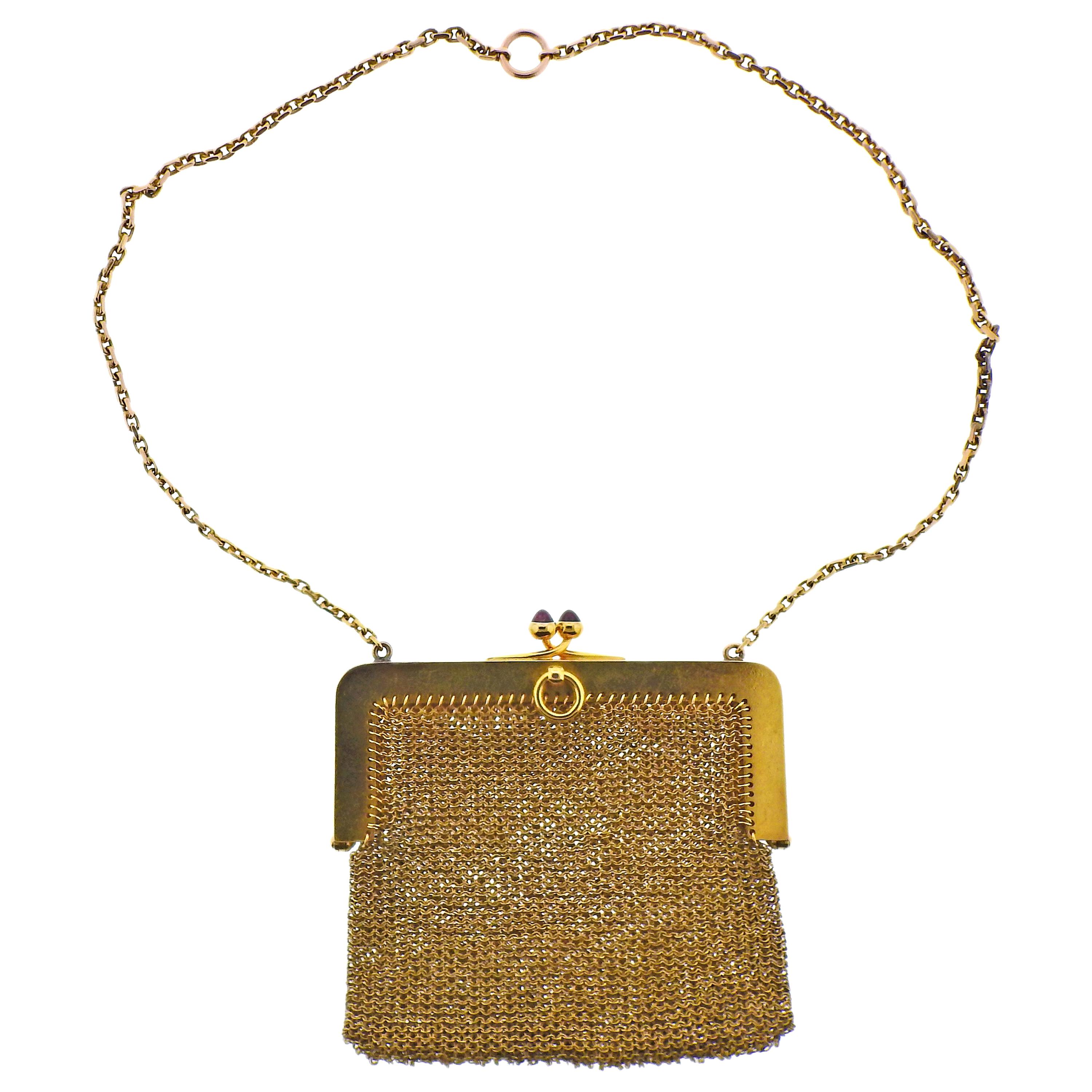 French Art Deco Gold Ruby Diamond Mesh Purse For Sale