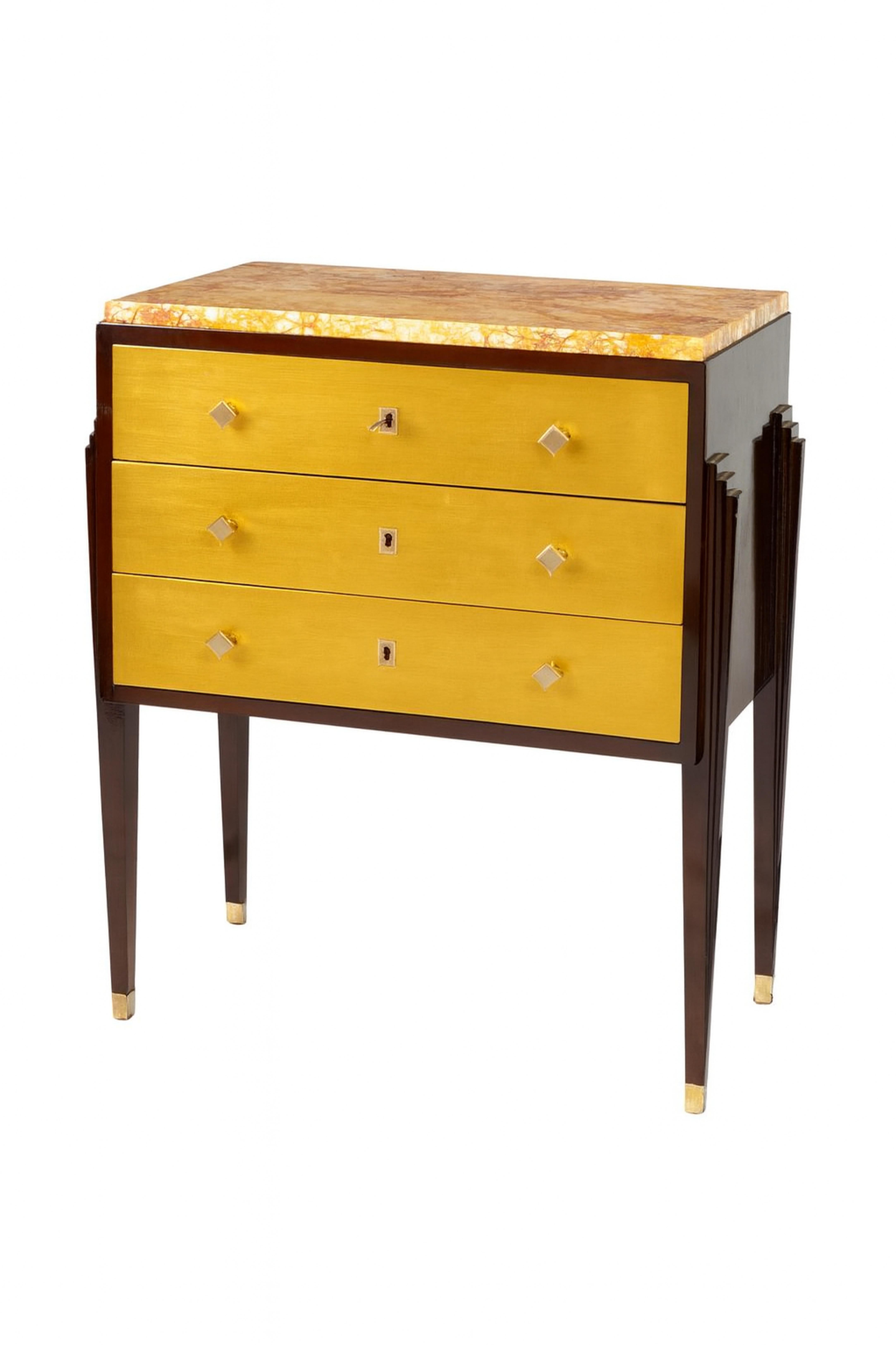 French Art Deco Golden Commode With Marble Top, 20th Century For Sale 6