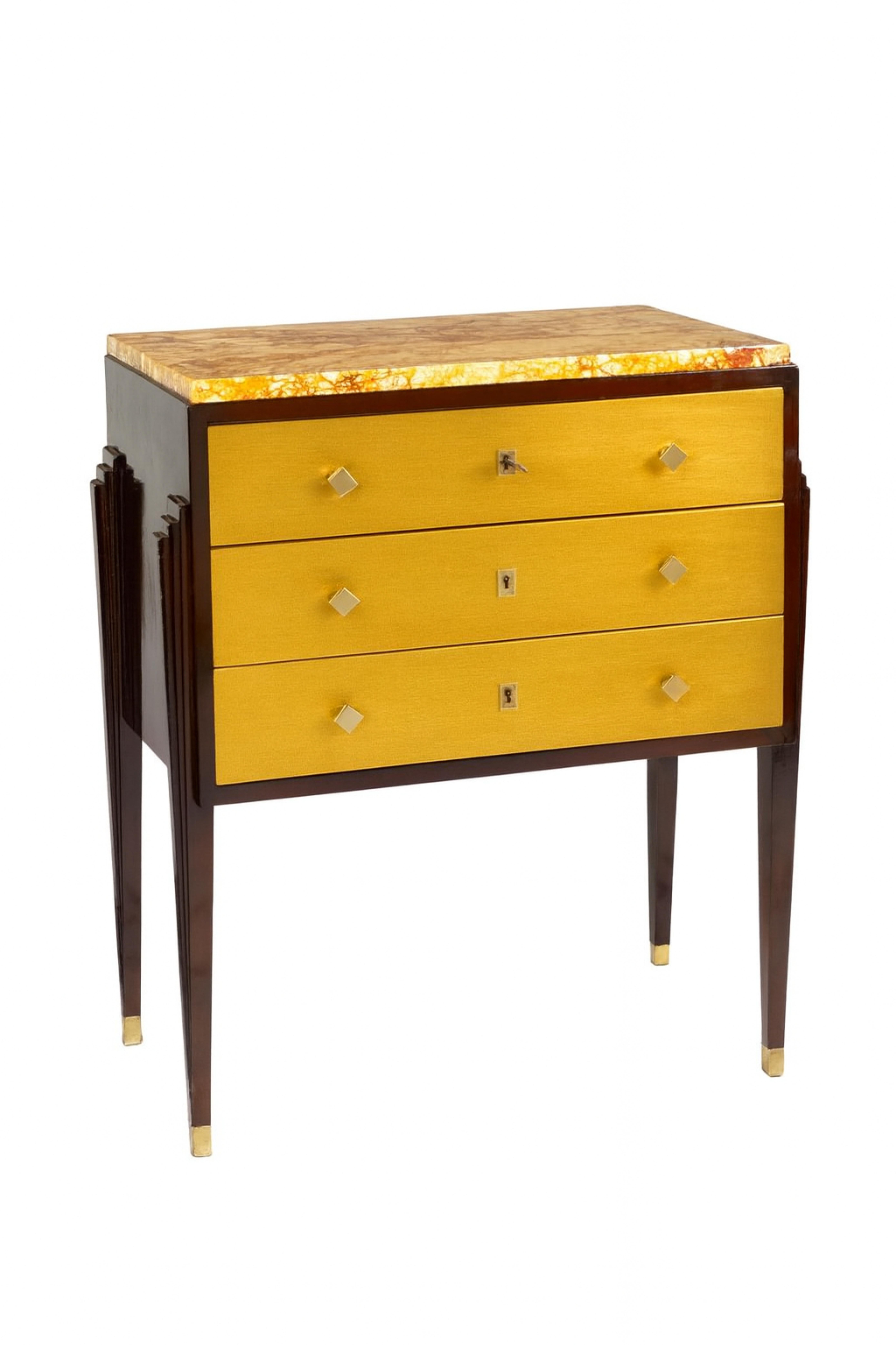 Brass French Art Deco Golden Commode With Marble Top, 20th Century For Sale