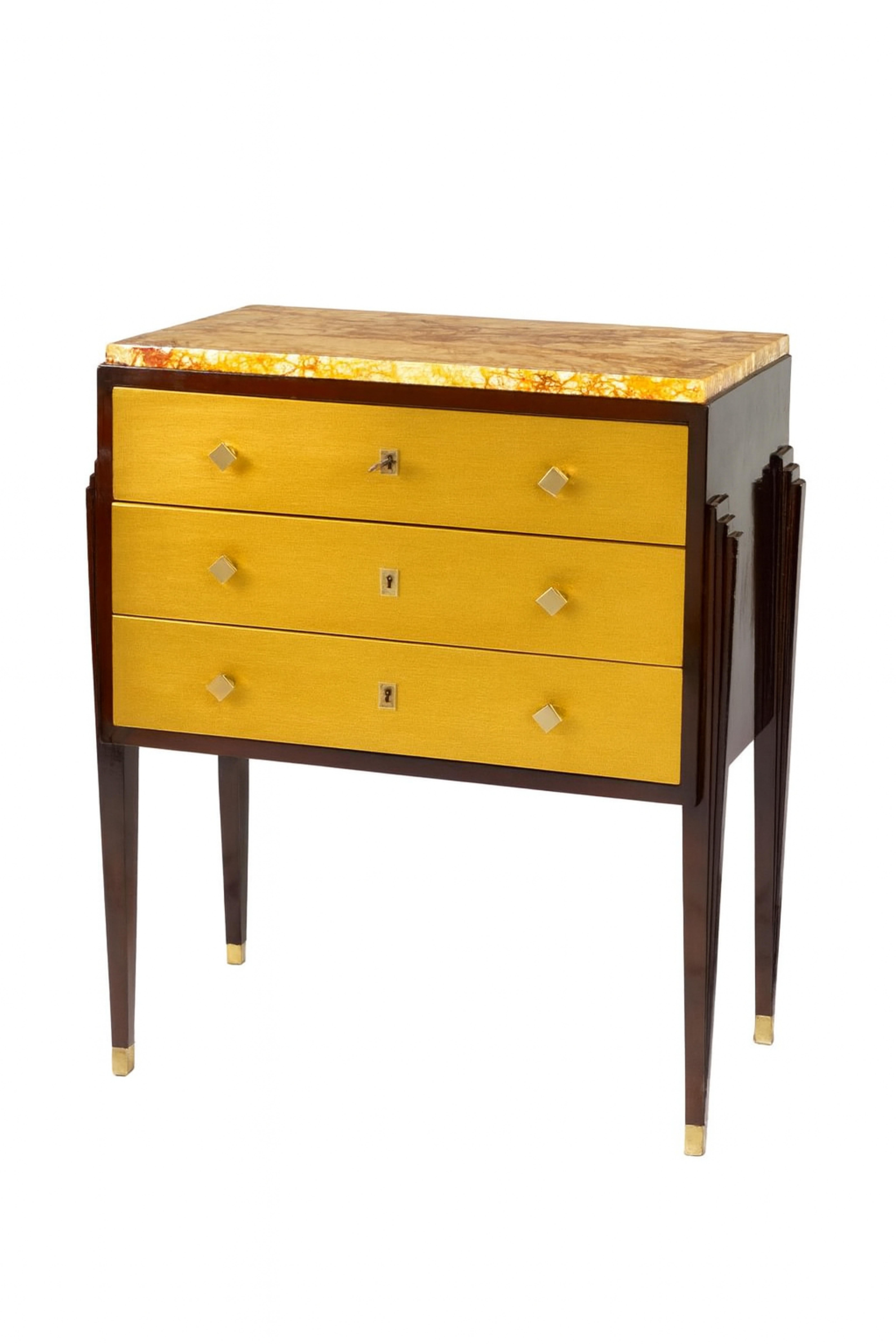 French Art Deco Golden Commode With Marble Top, 20th Century For Sale 1