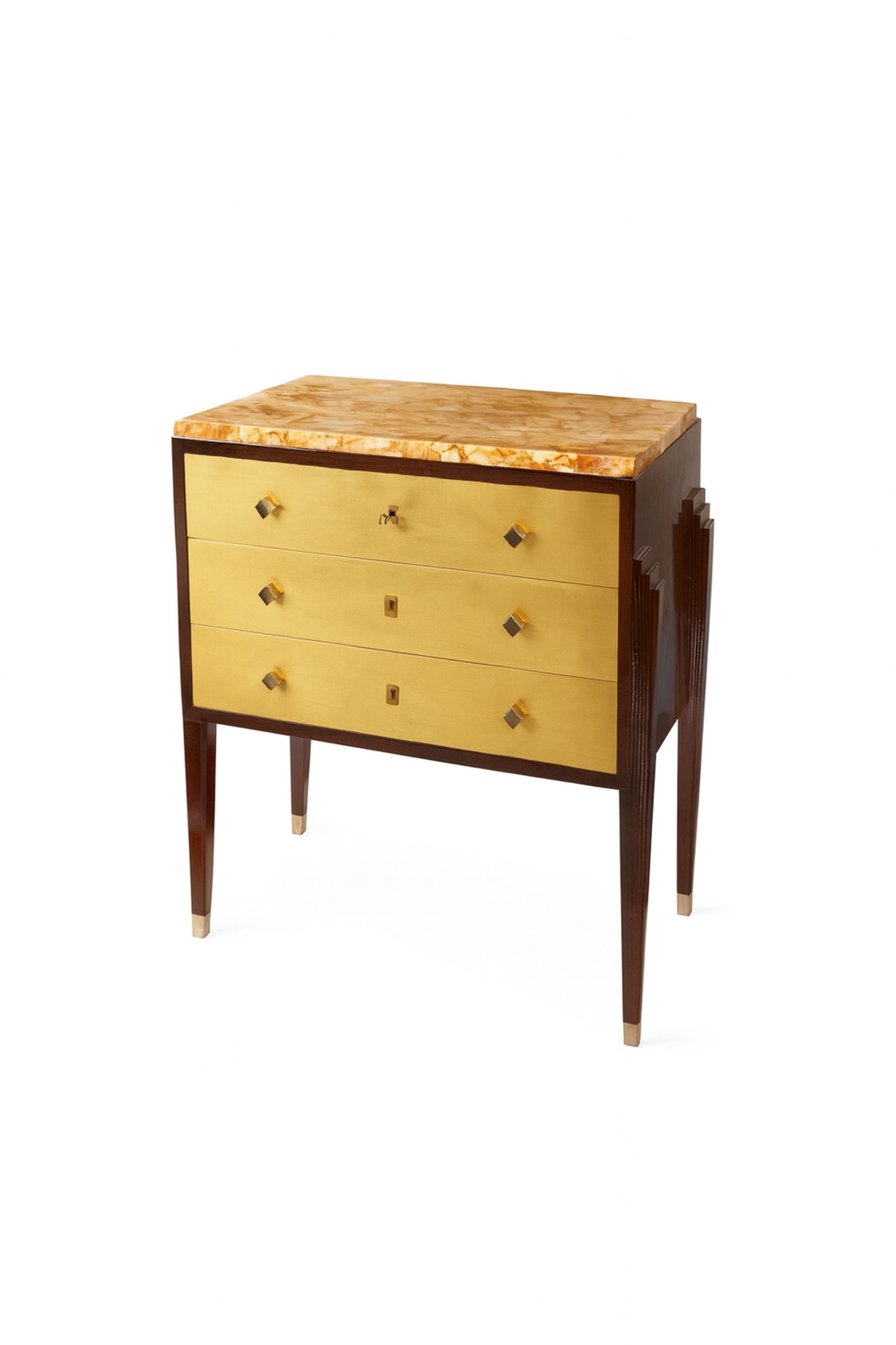 French Art Deco Golden Commode With Marble Top, 20th Century For Sale 3