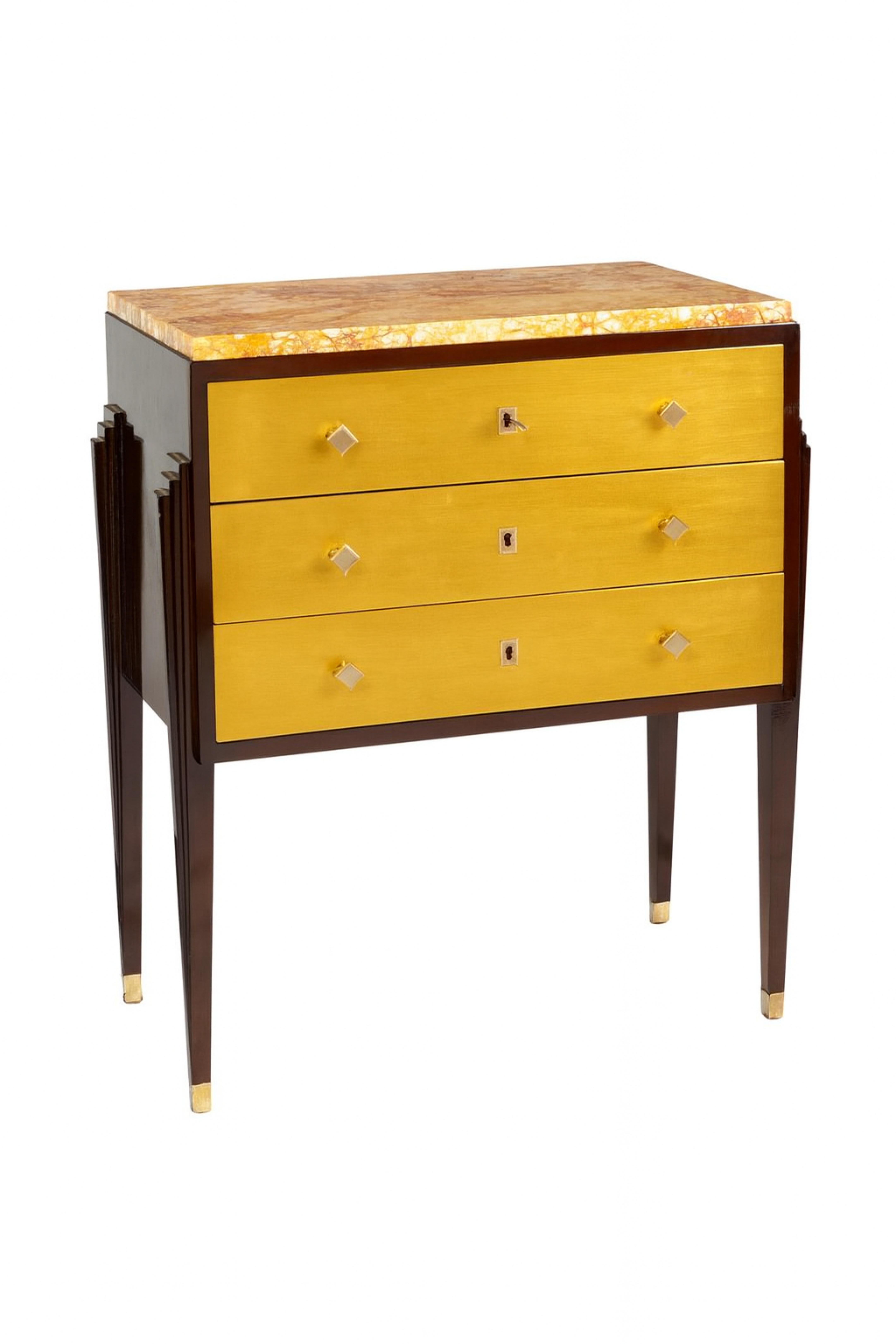 French Art Deco Golden Commode With Marble Top, 20th Century For Sale 5