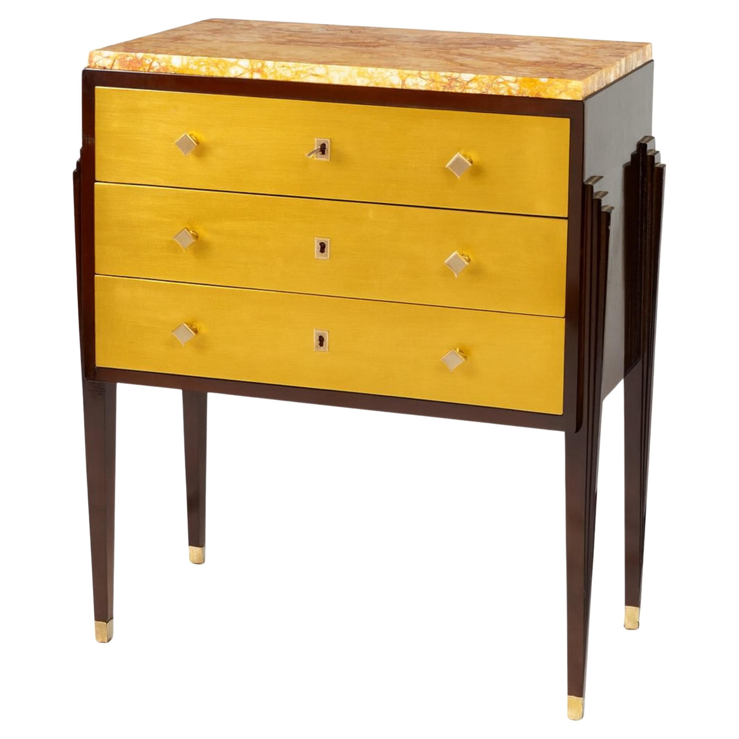 French Art Deco Golden Commode With Marble Top, 20th Century