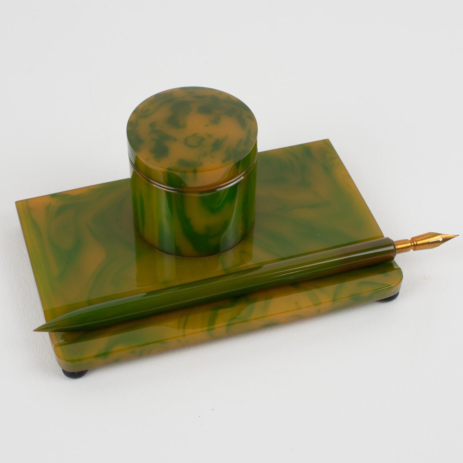 French Art Deco Green Catalin Bakelite Desk Set, 6 pieces 10