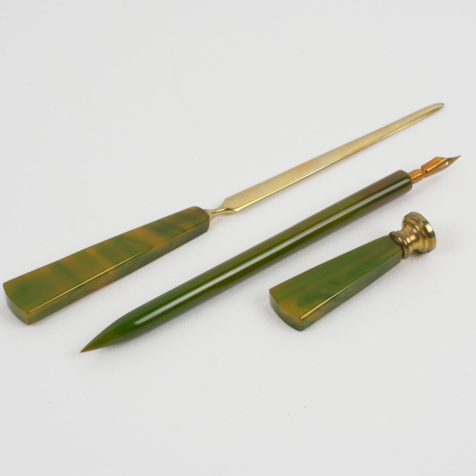 Mid-20th Century French Art Deco Green Catalin Bakelite Desk Set, 6 pieces