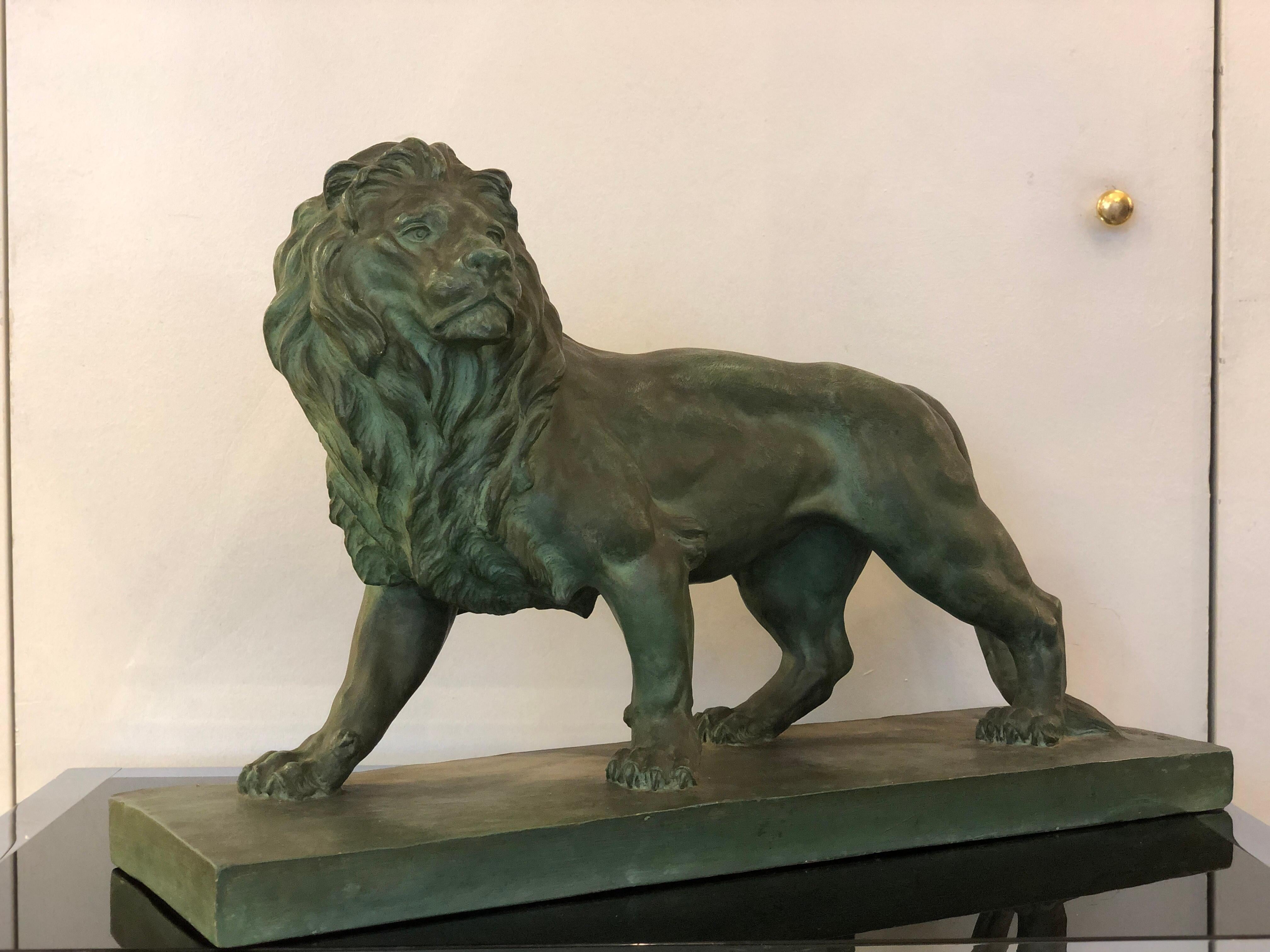 French Art Deco Green Clay Lion Animal Sculpture 5