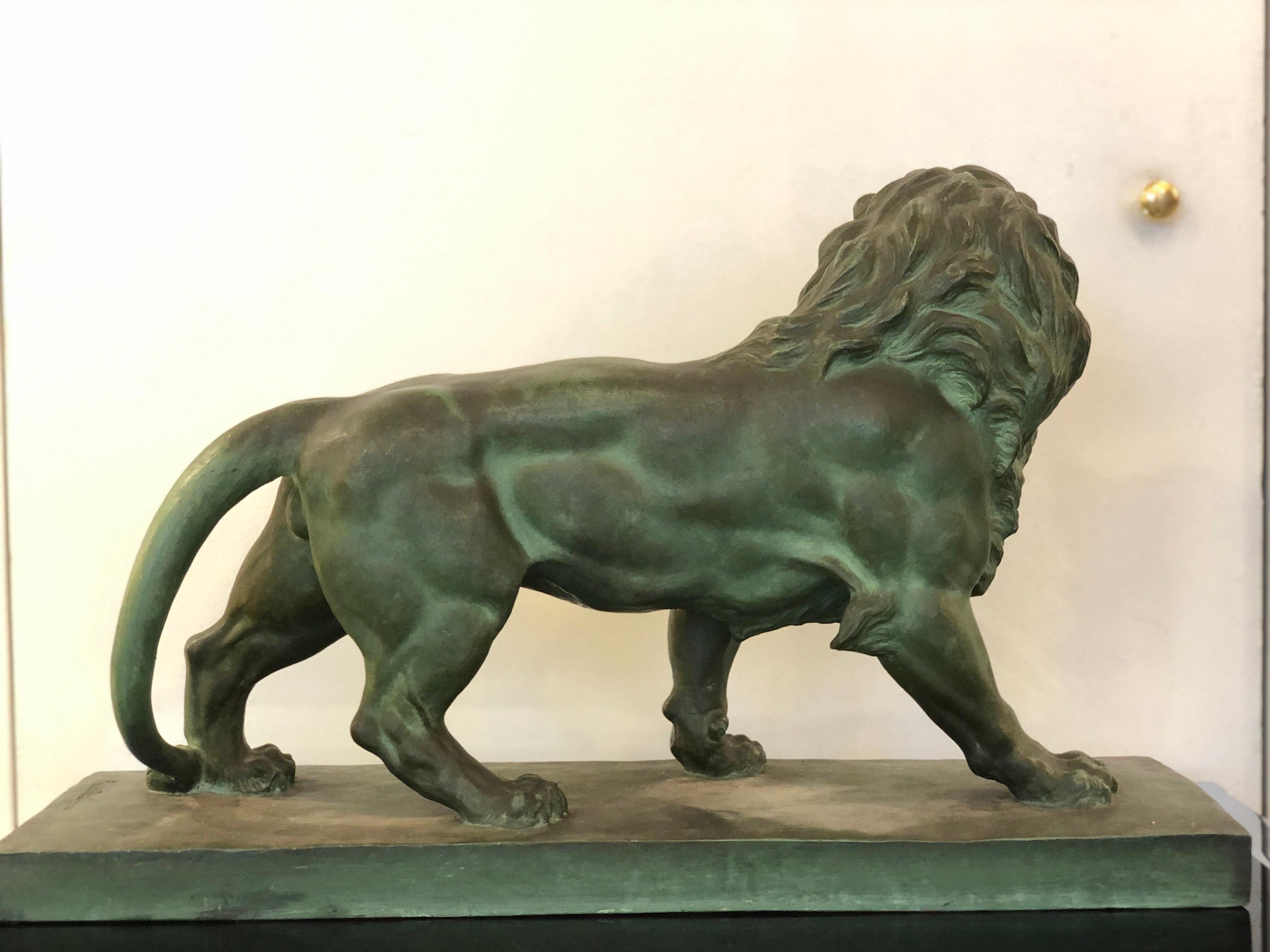 French Art Deco Green Clay Lion Animal Sculpture 6