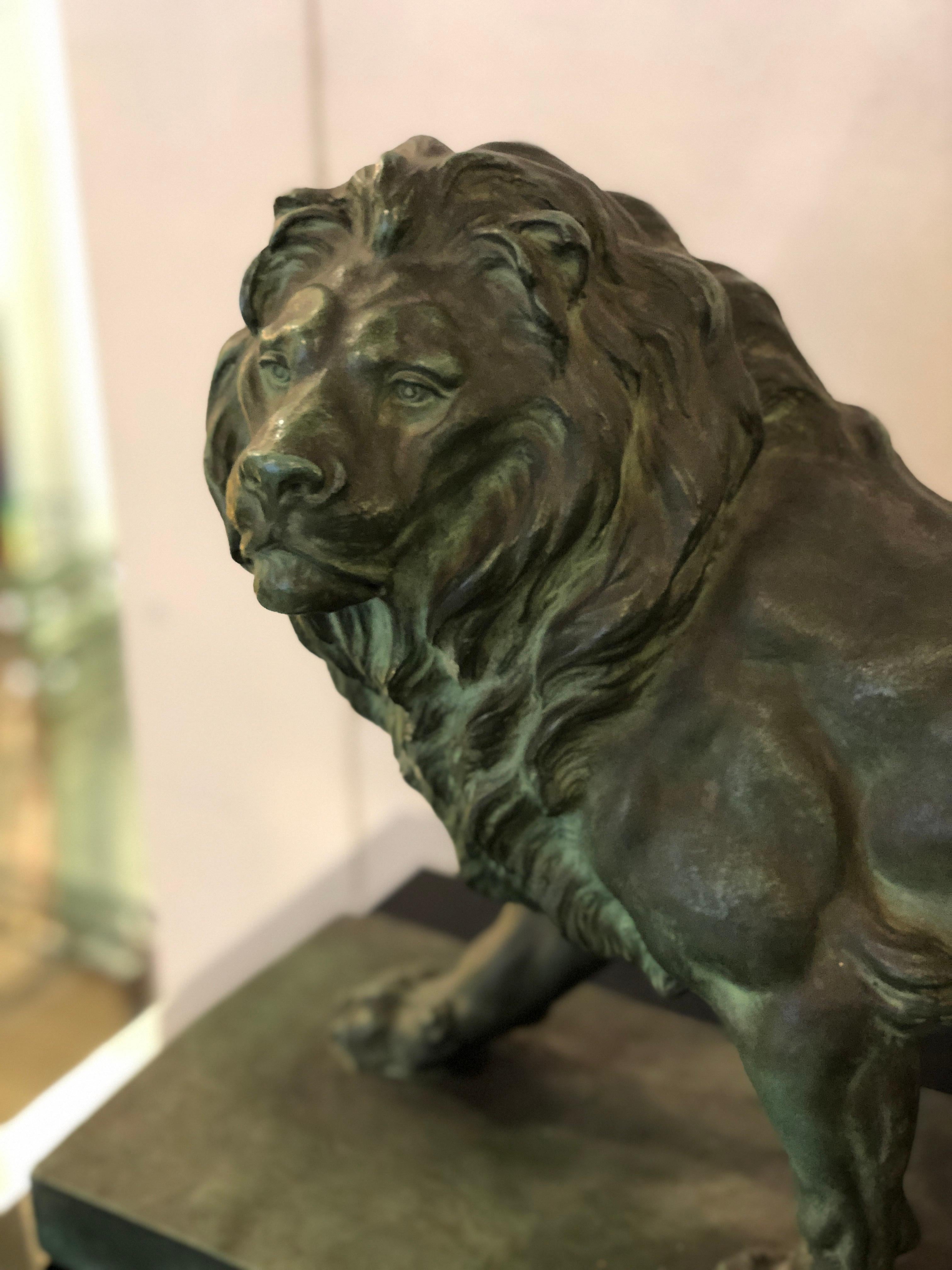 French Art Deco Green Clay Lion Animal Sculpture 9