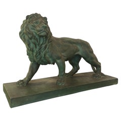 French Art Deco Green Clay Lion Animal Sculpture