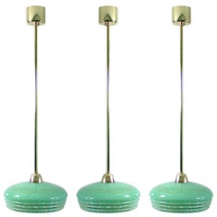 Vintage French Art Deco Green Glass and Brass Pendants, 1930s-1940s, Set of 3