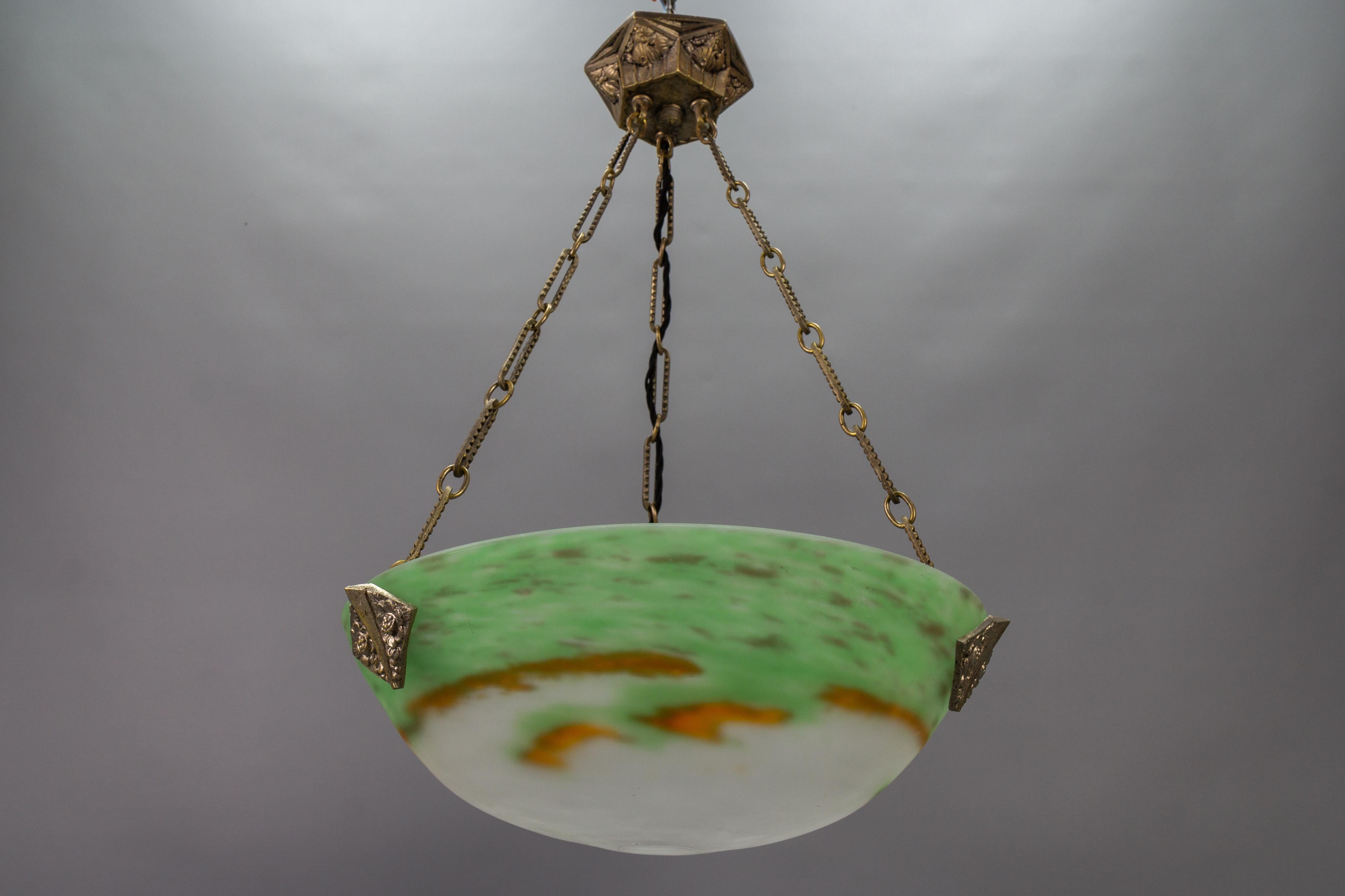 French Art Deco Green Glass Pendant Light by Muller Frères Luneville, 1920s For Sale 8