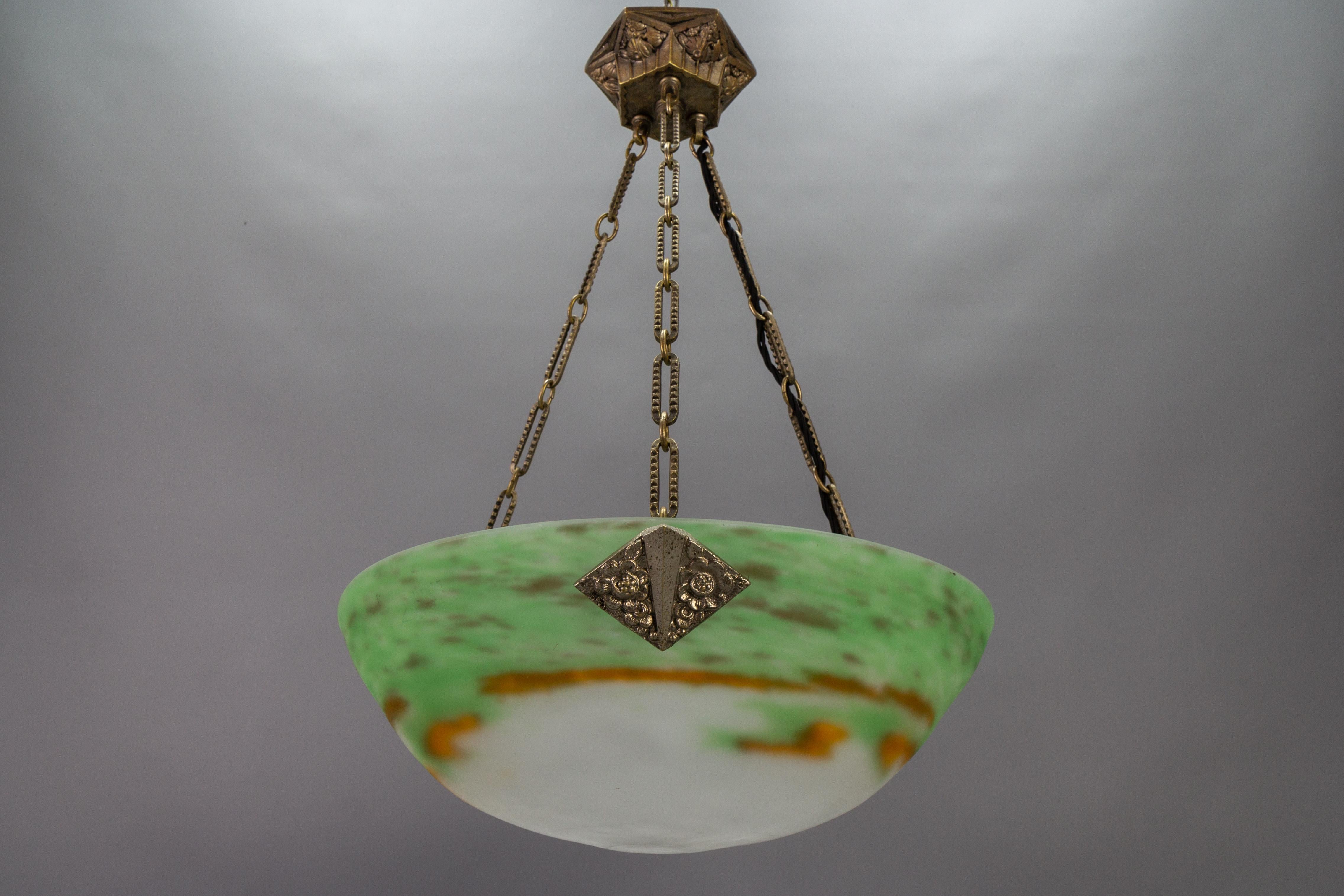 French Art Deco Green Glass Pendant Light by Muller Frères Luneville, 1920s For Sale 11