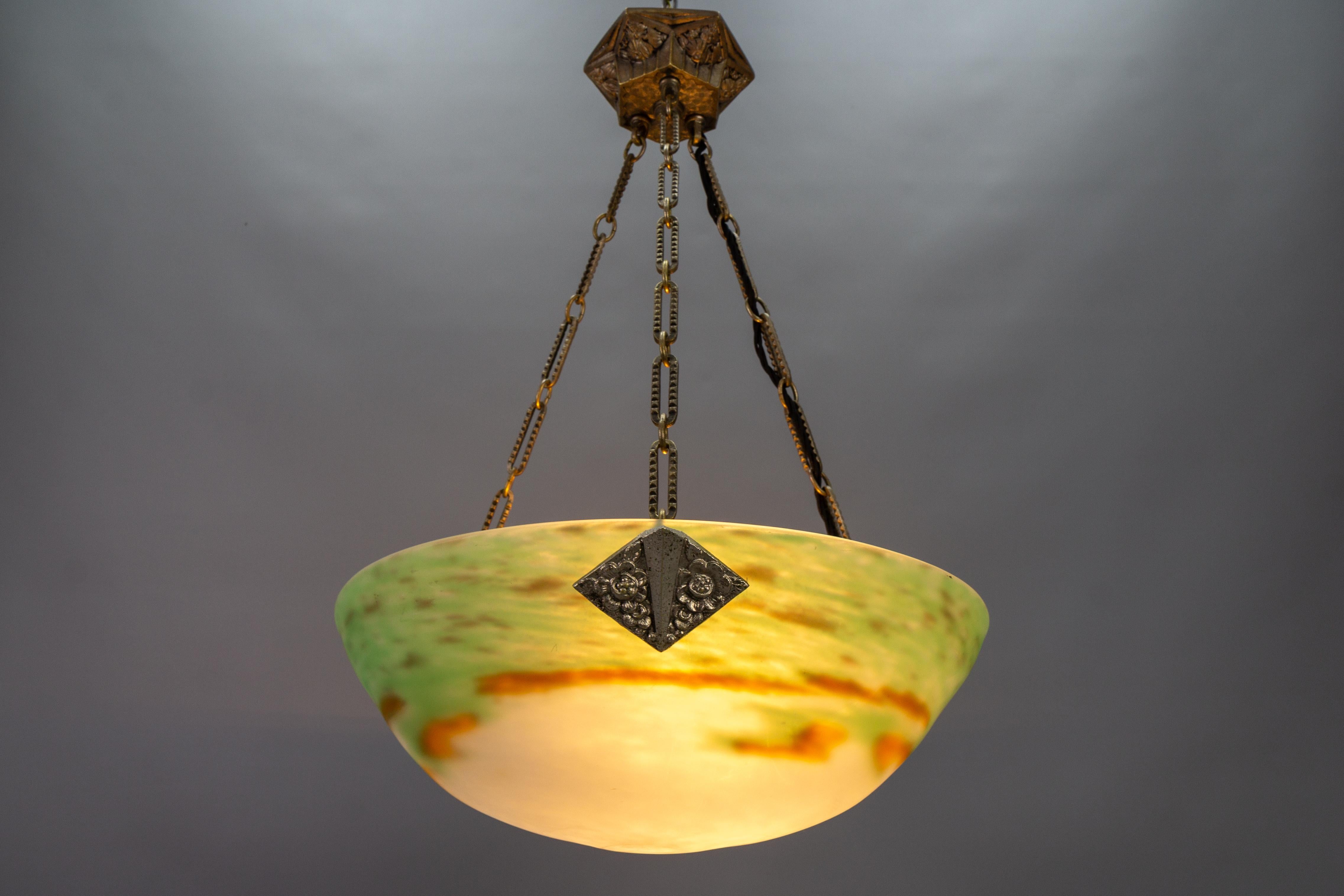 French Art Deco Green Glass Pendant Light by Muller Frères Luneville, 1920s For Sale 12