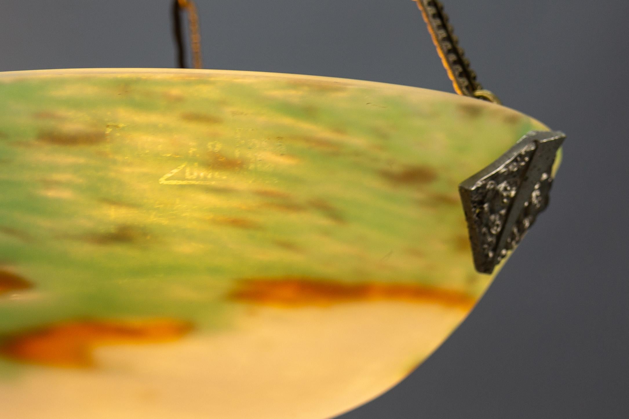 Early 20th Century French Art Deco Green Glass Pendant Light by Muller Frères Luneville, 1920s For Sale