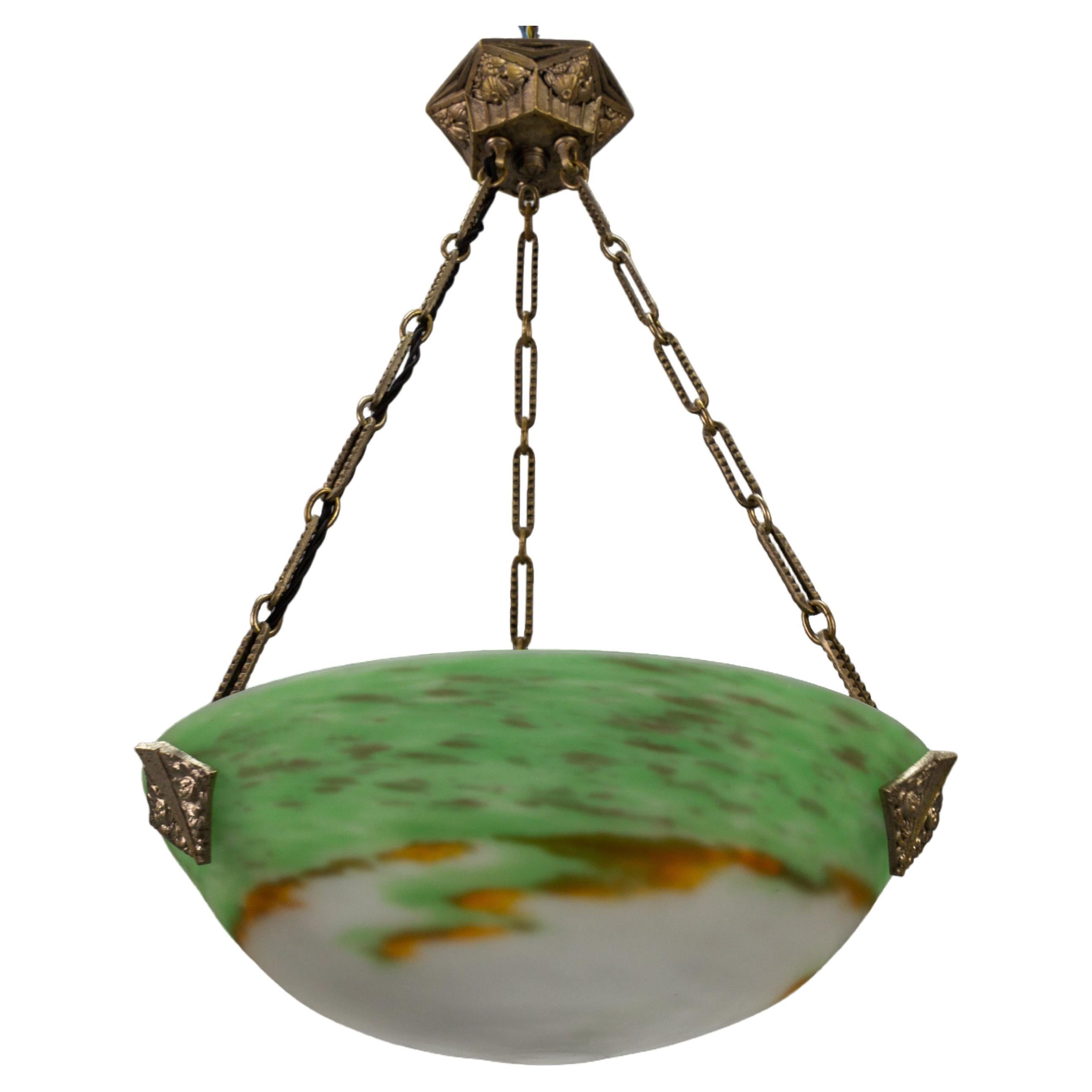 French Art Deco Green Glass Pendant Light by Muller Frères Luneville, 1920s For Sale