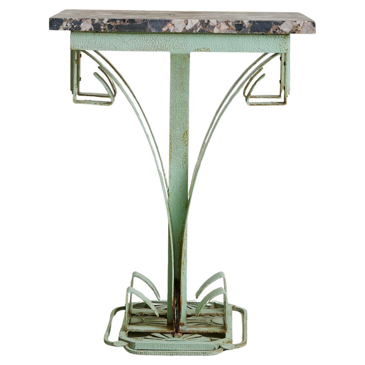 French Art Deco Green Iron Side Table with Marble Top, 1930s
