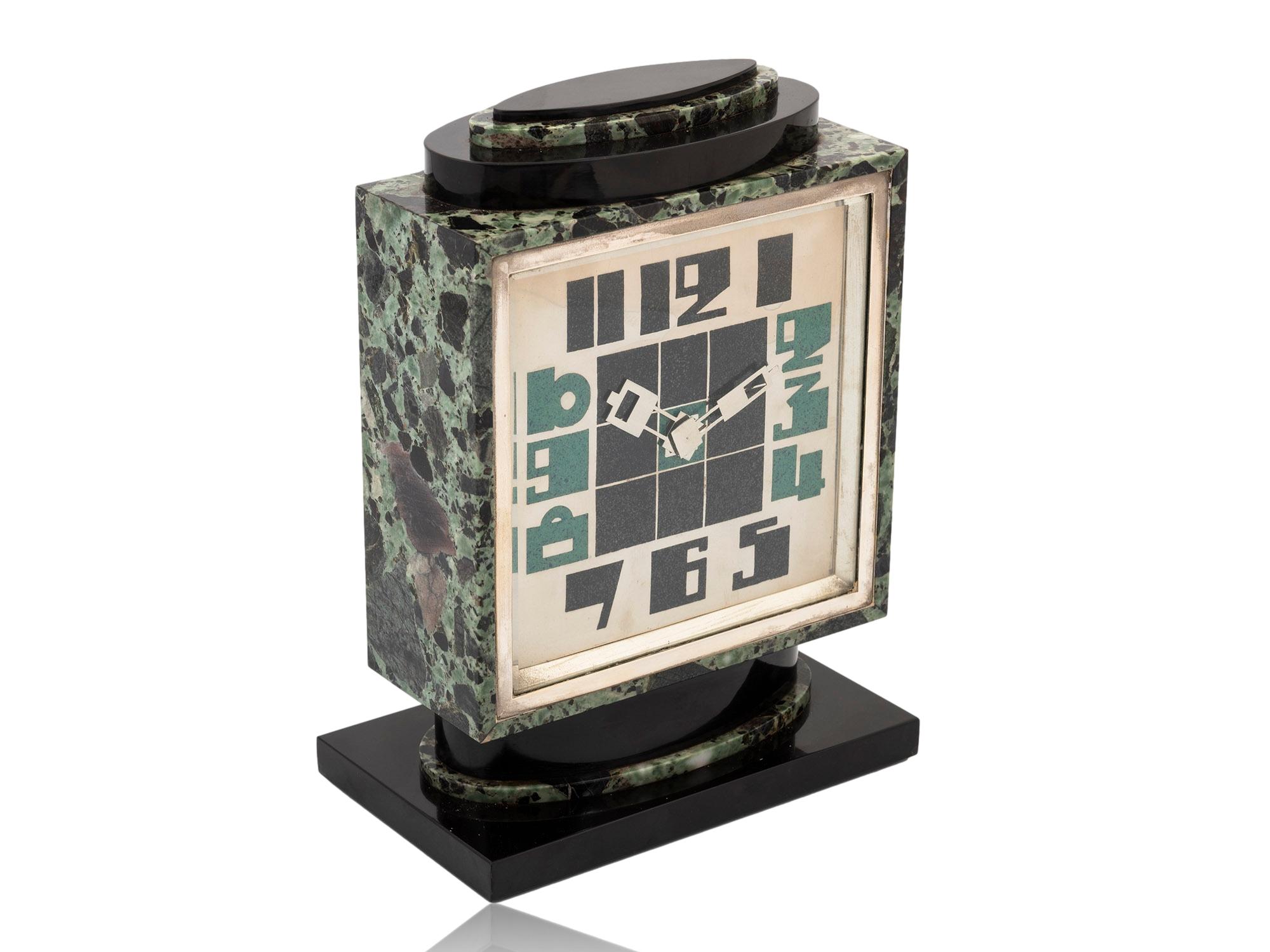 Carved French Art Deco Green Marble Clock For Sale