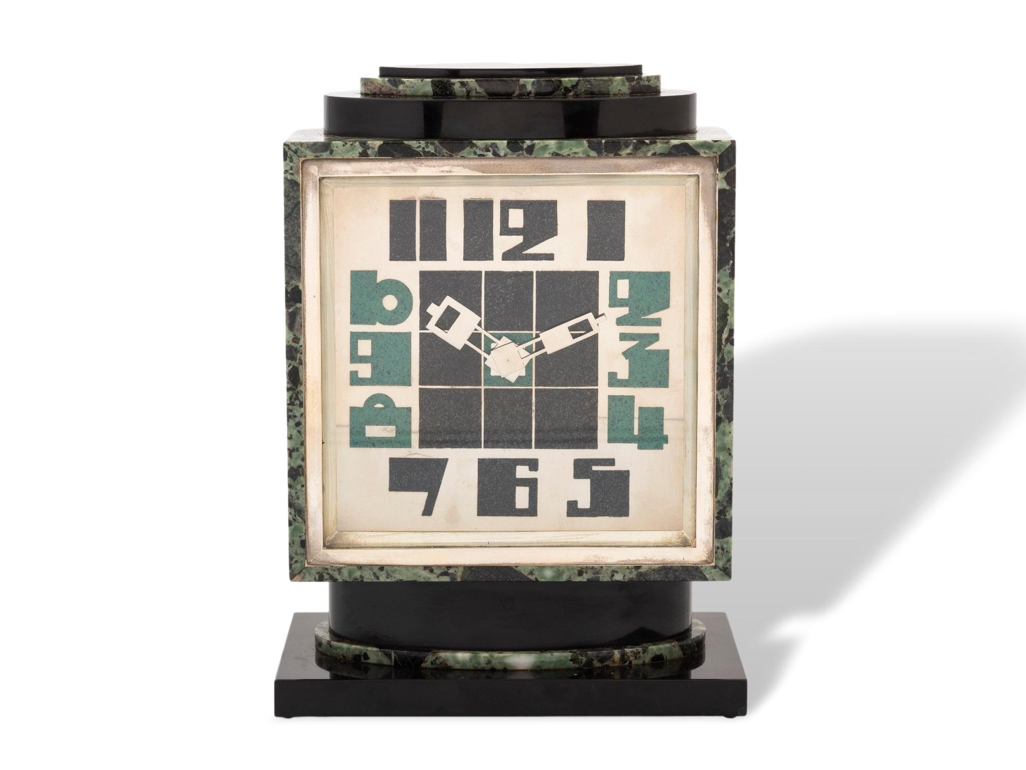 20th Century French Art Deco Green Marble Clock For Sale
