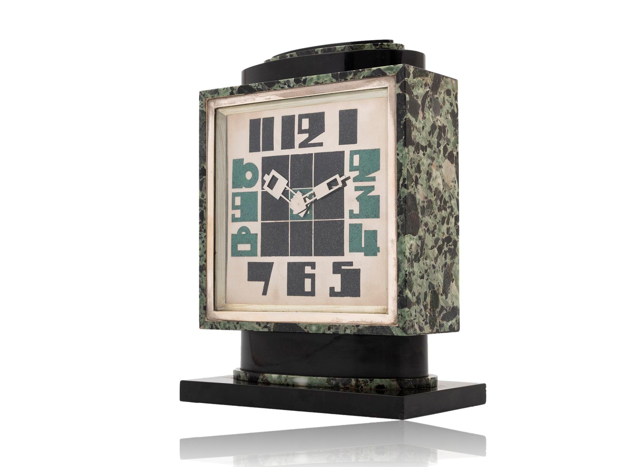 Metal French Art Deco Green Marble Clock For Sale