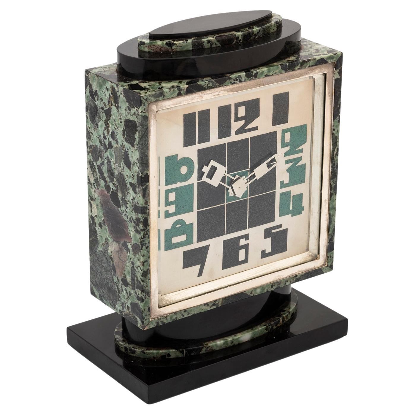 French Art Deco Green Marble Clock For Sale