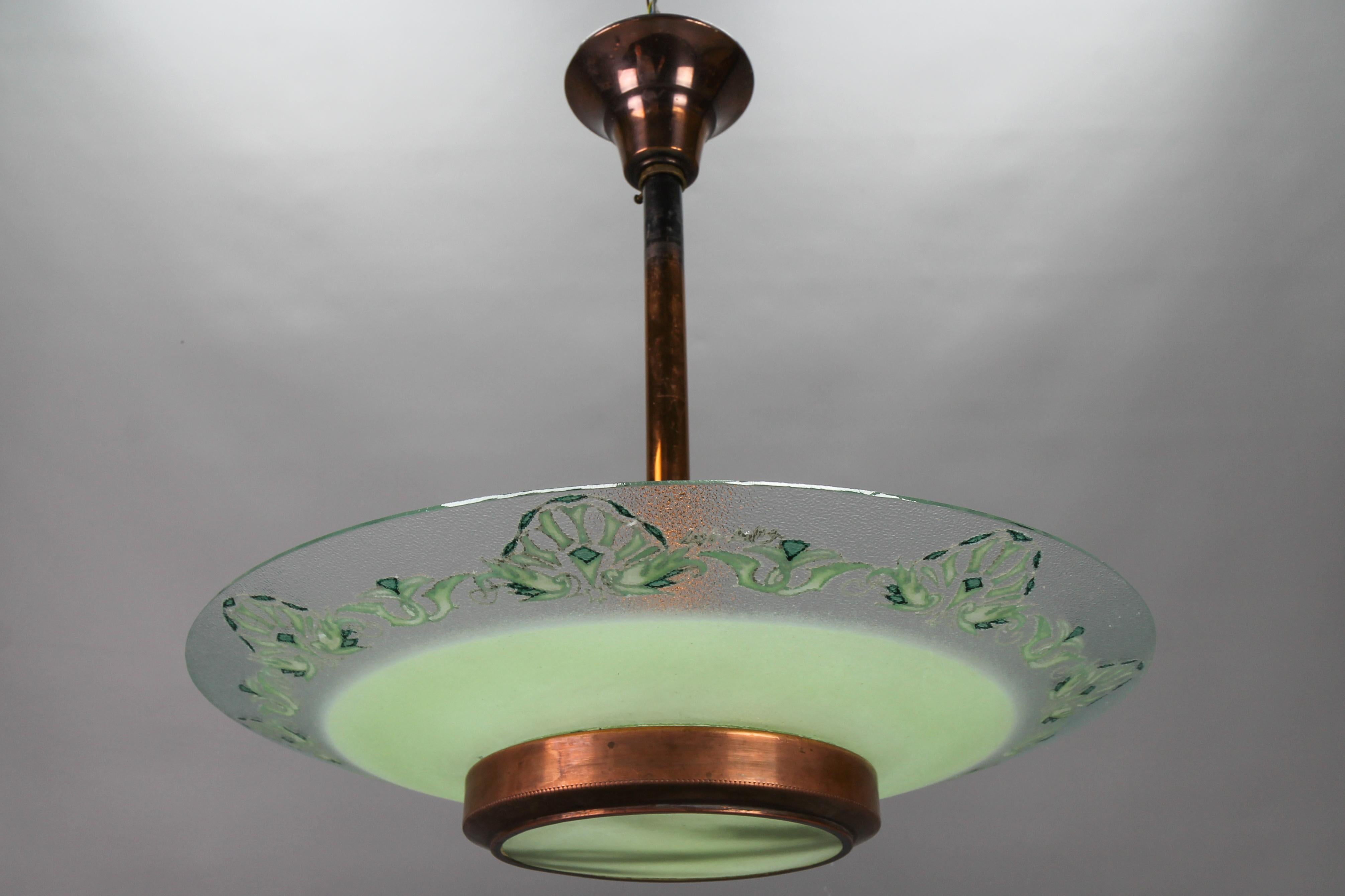 French Art Deco Green Textured Glass and Copper Pendant Chandelier by Loys Lucha For Sale 6