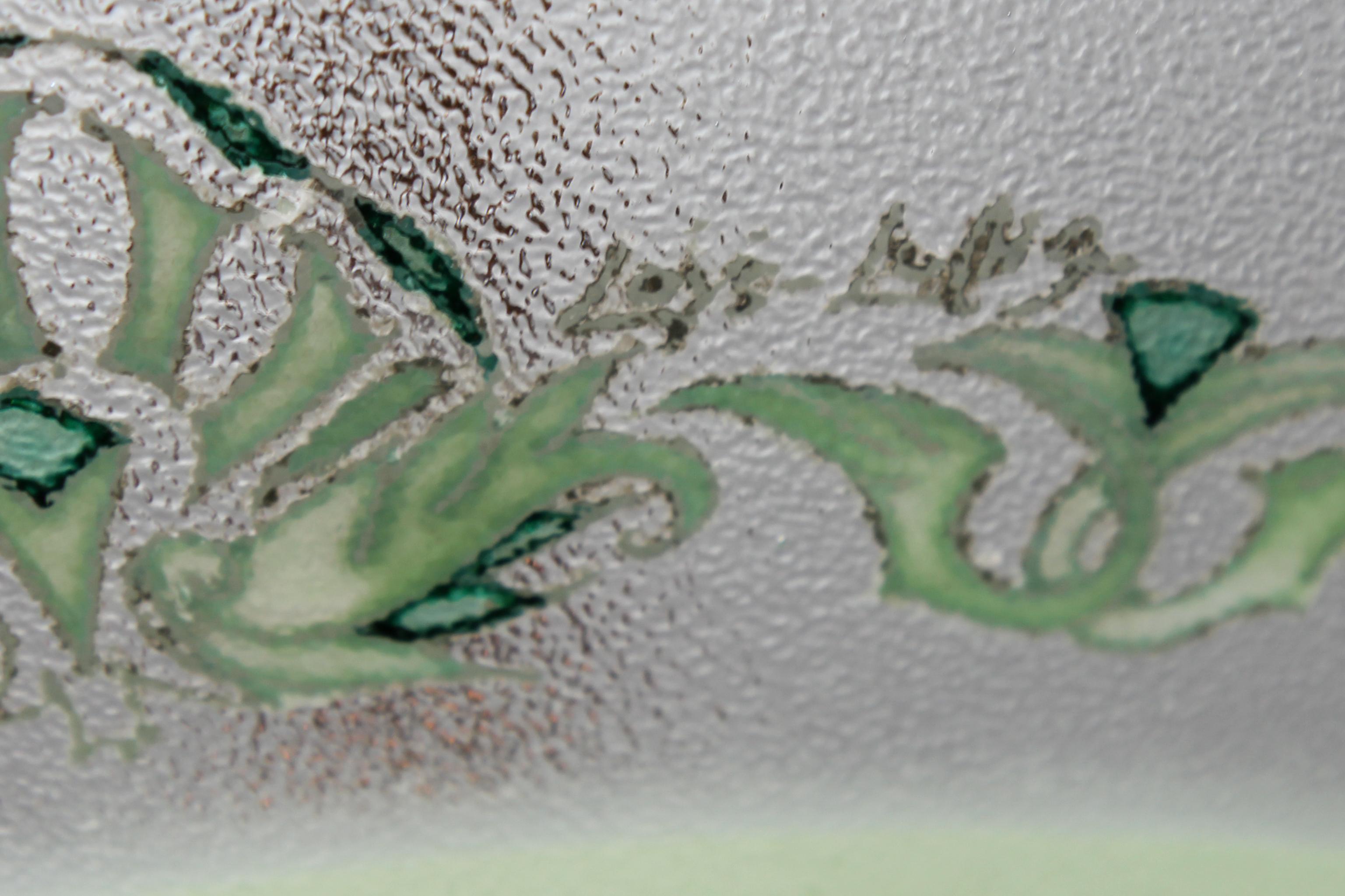 Französischer Art-déco-Kronleuchter aus grünem strukturiertem Glas und Kupfer von Loys Lucha, Art déco im Angebot 10