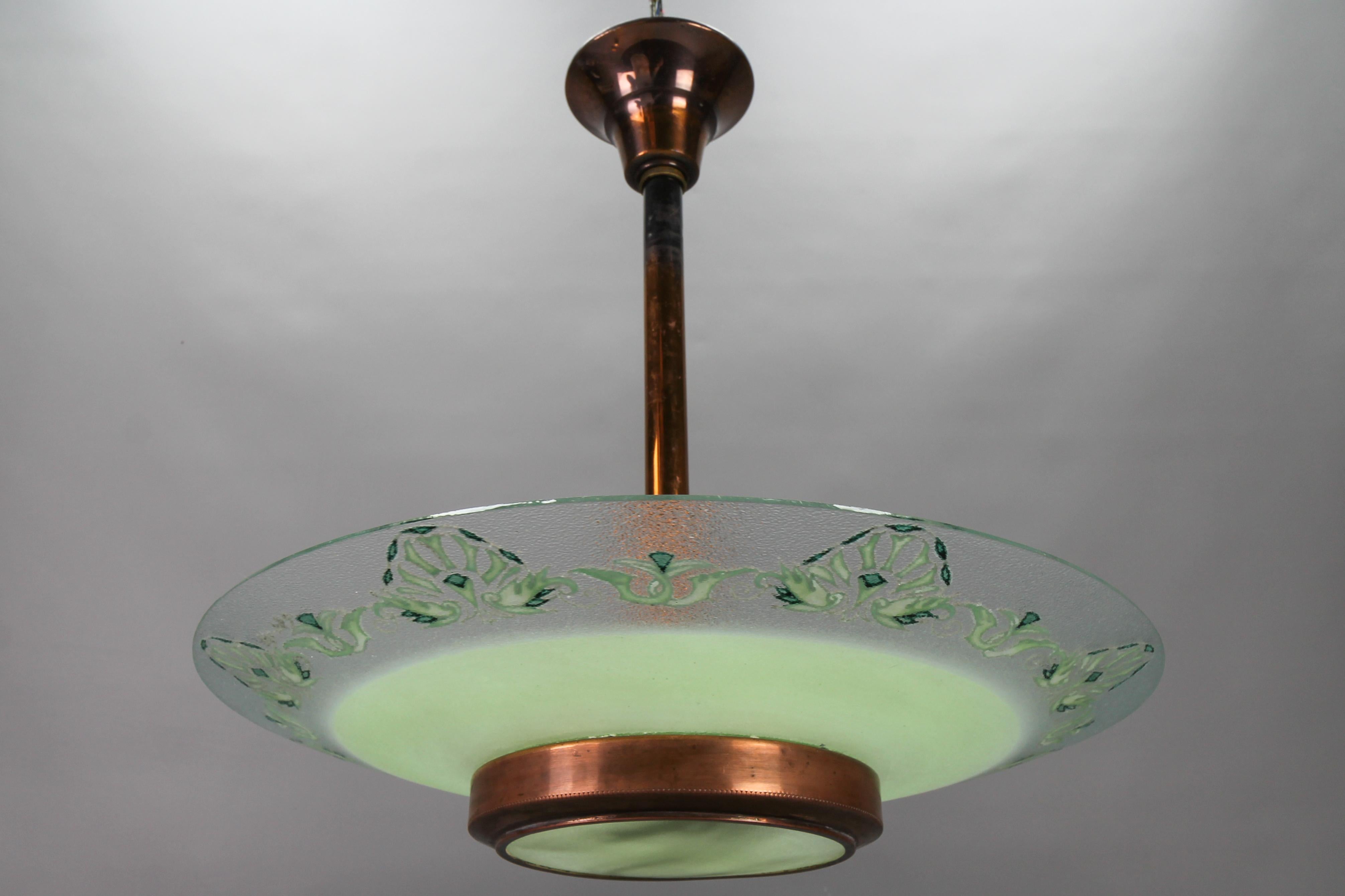 French Art Deco Green Textured Glass and Copper Pendant Chandelier by Loys Lucha For Sale 15