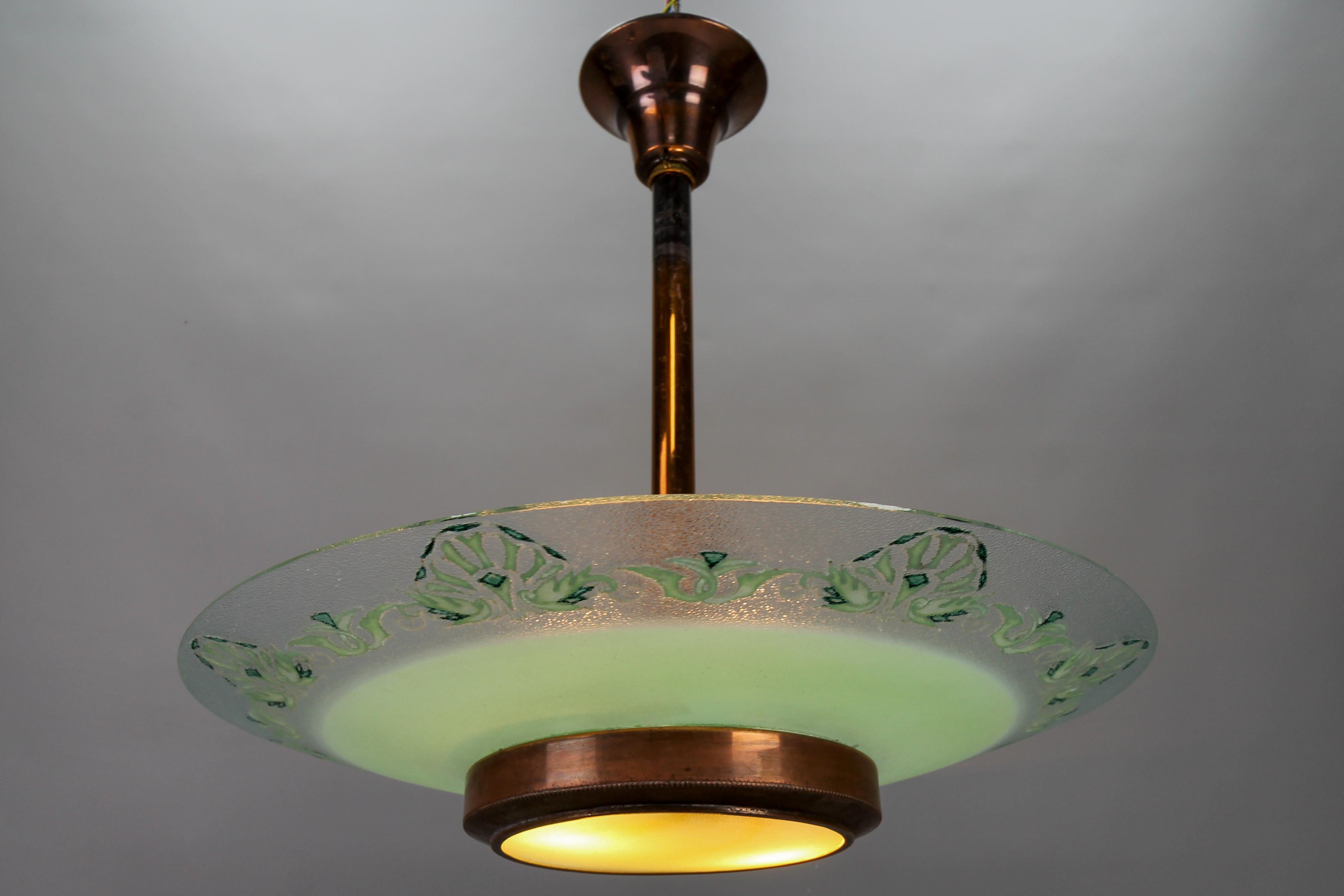 Mid-20th Century French Art Deco Green Textured Glass and Copper Pendant Chandelier by Loys Lucha For Sale