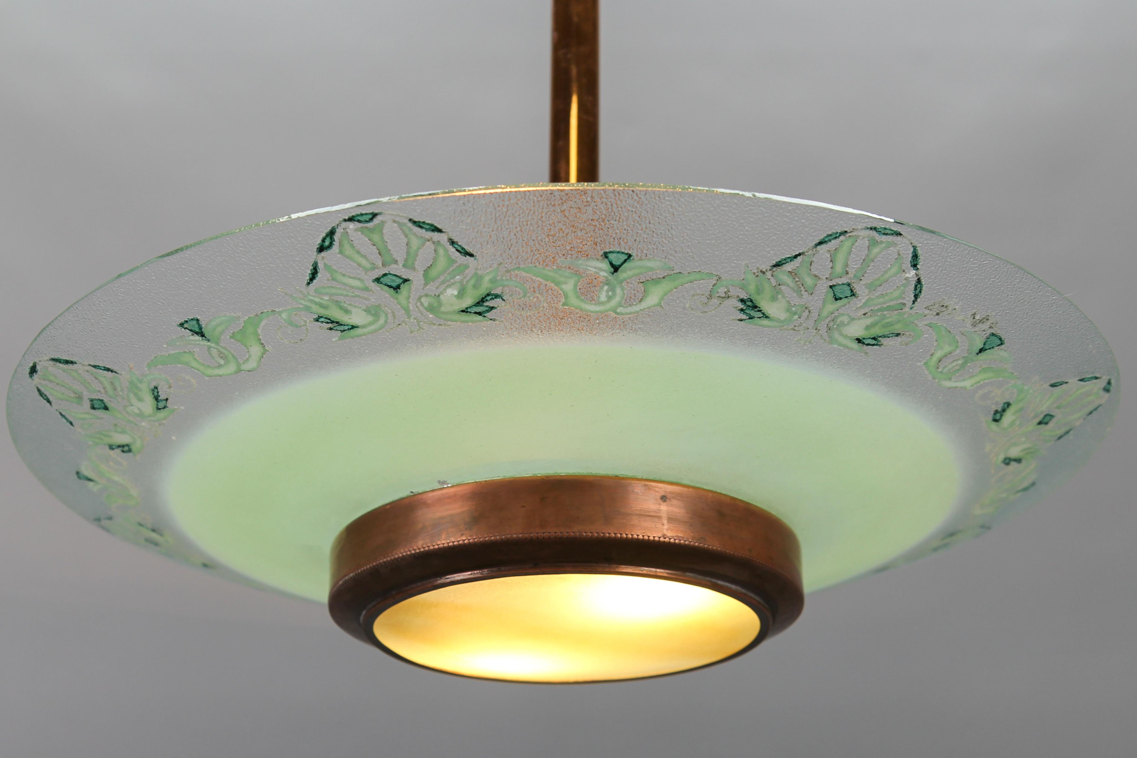 French Art Deco Green Textured Glass and Copper Pendant Chandelier by Loys Lucha For Sale 1