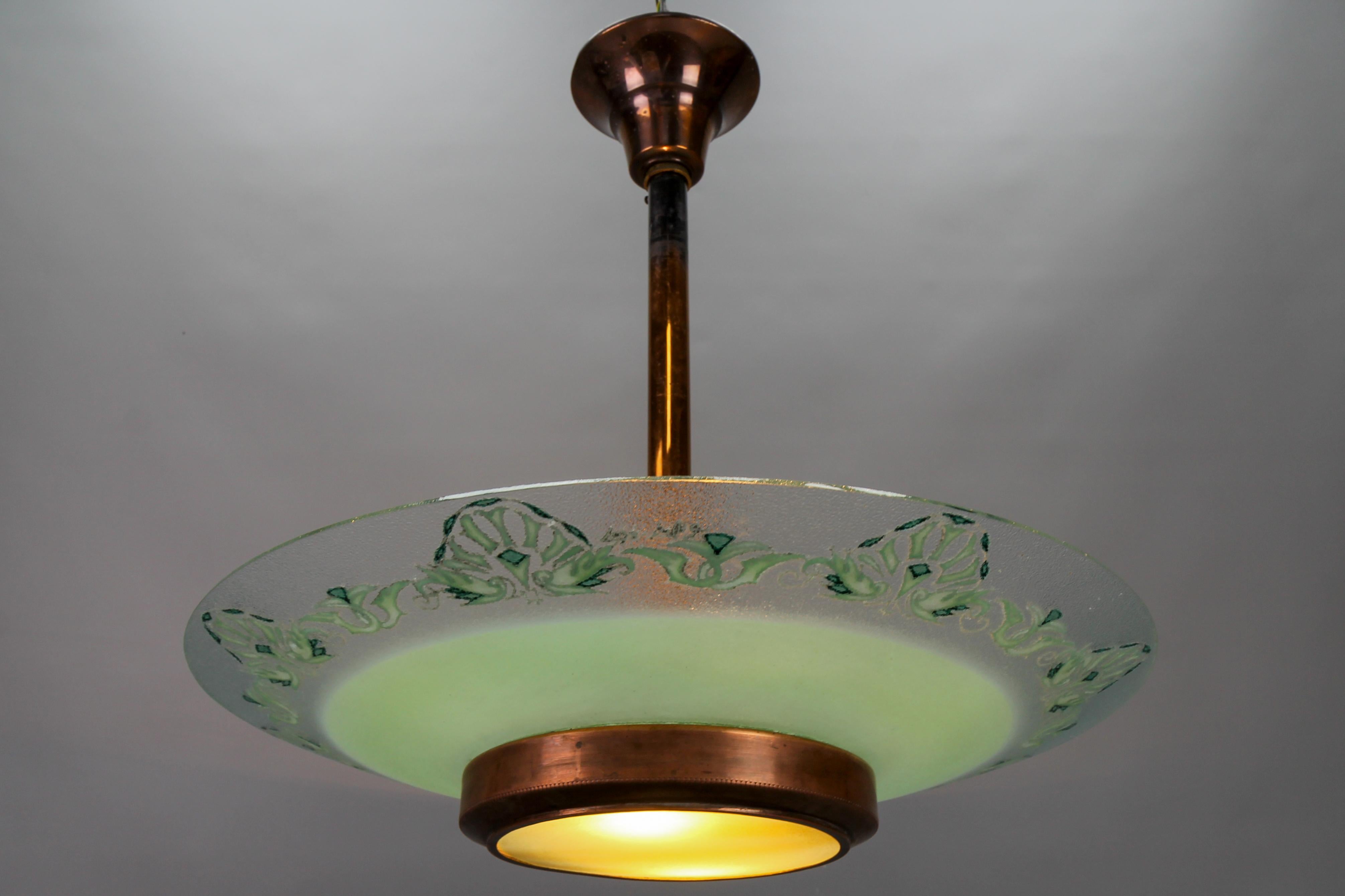 French Art Deco Green Textured Glass and Copper Pendant Chandelier by Loys Lucha For Sale 3