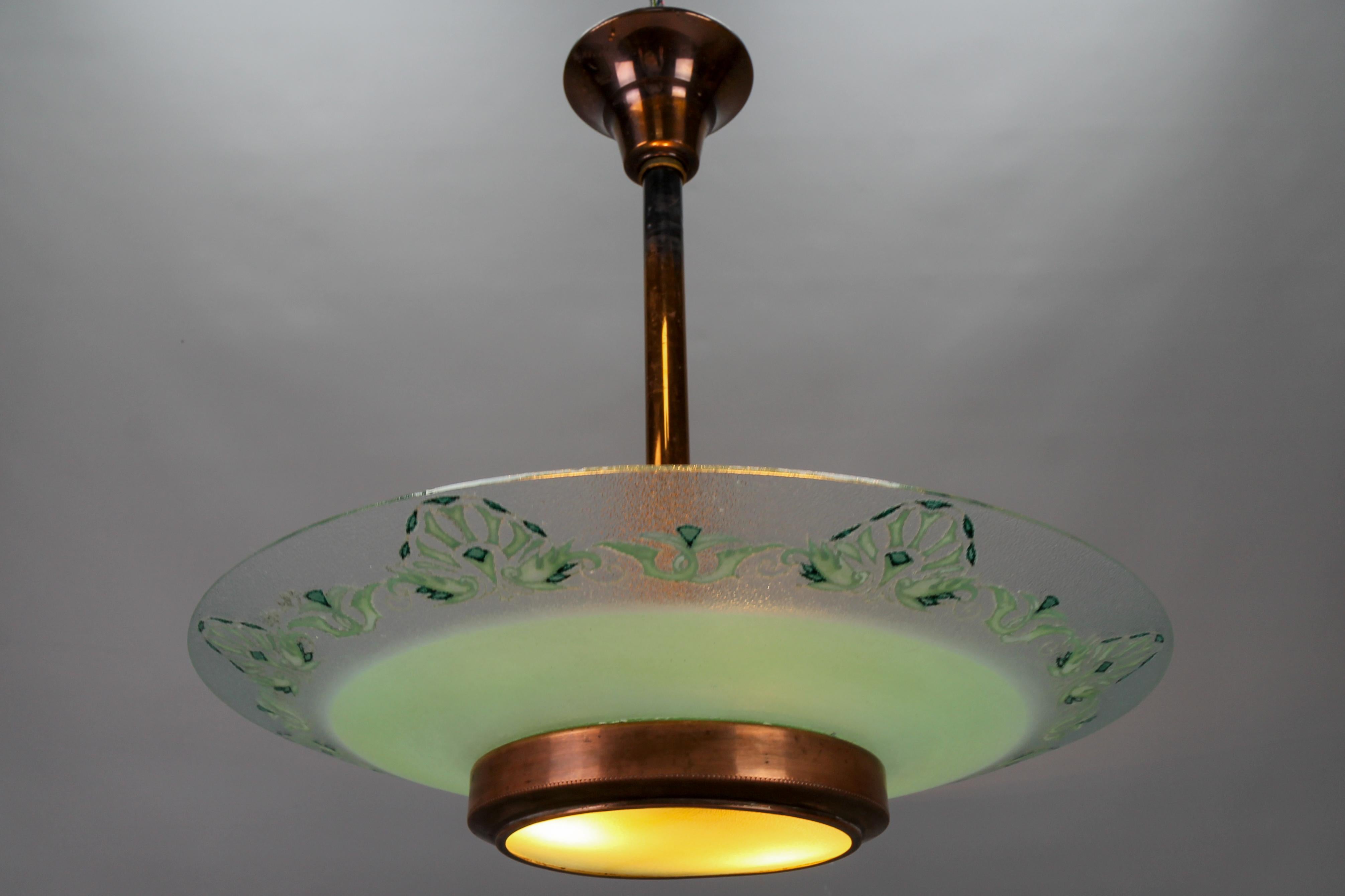 French Art Deco Green Textured Glass and Copper Pendant Chandelier by Loys Lucha For Sale 4