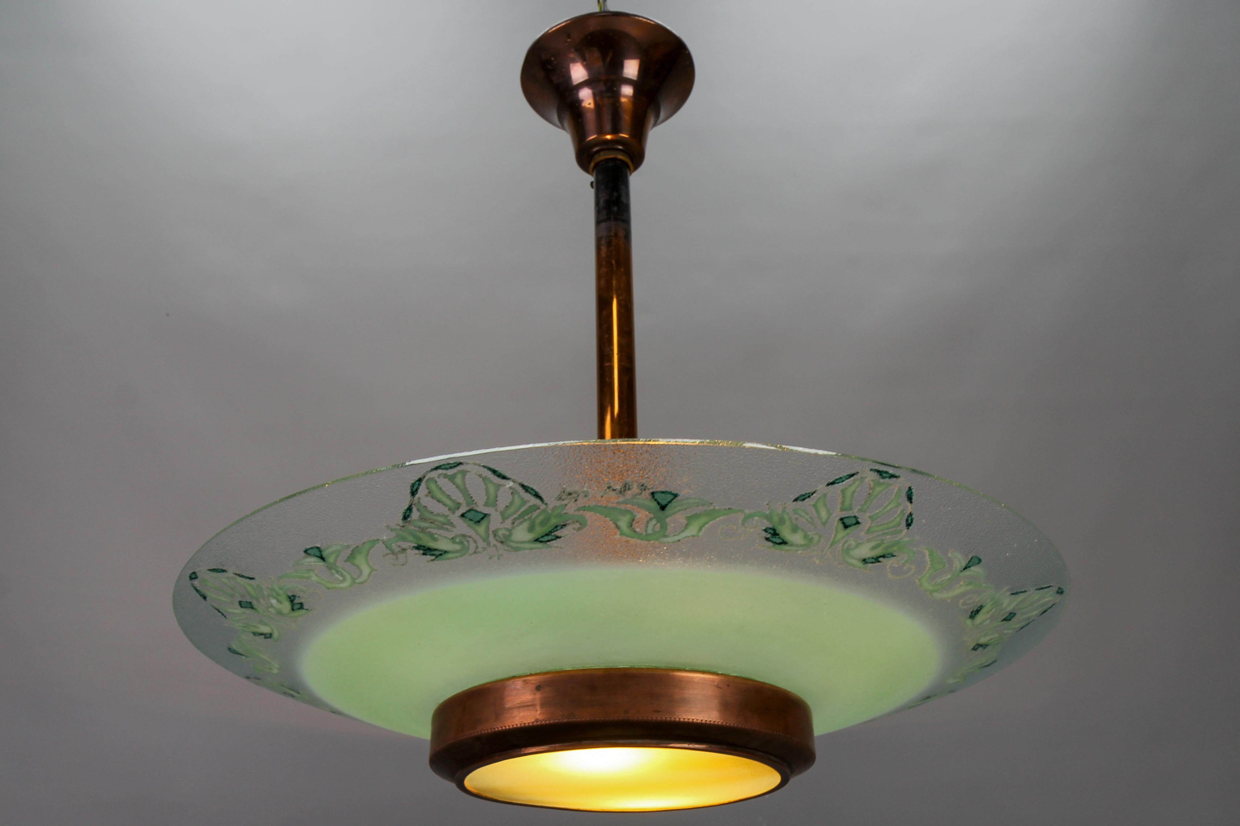 French Art Deco Green Textured Glass and Copper Pendant Chandelier by Loys Lucha For Sale 5