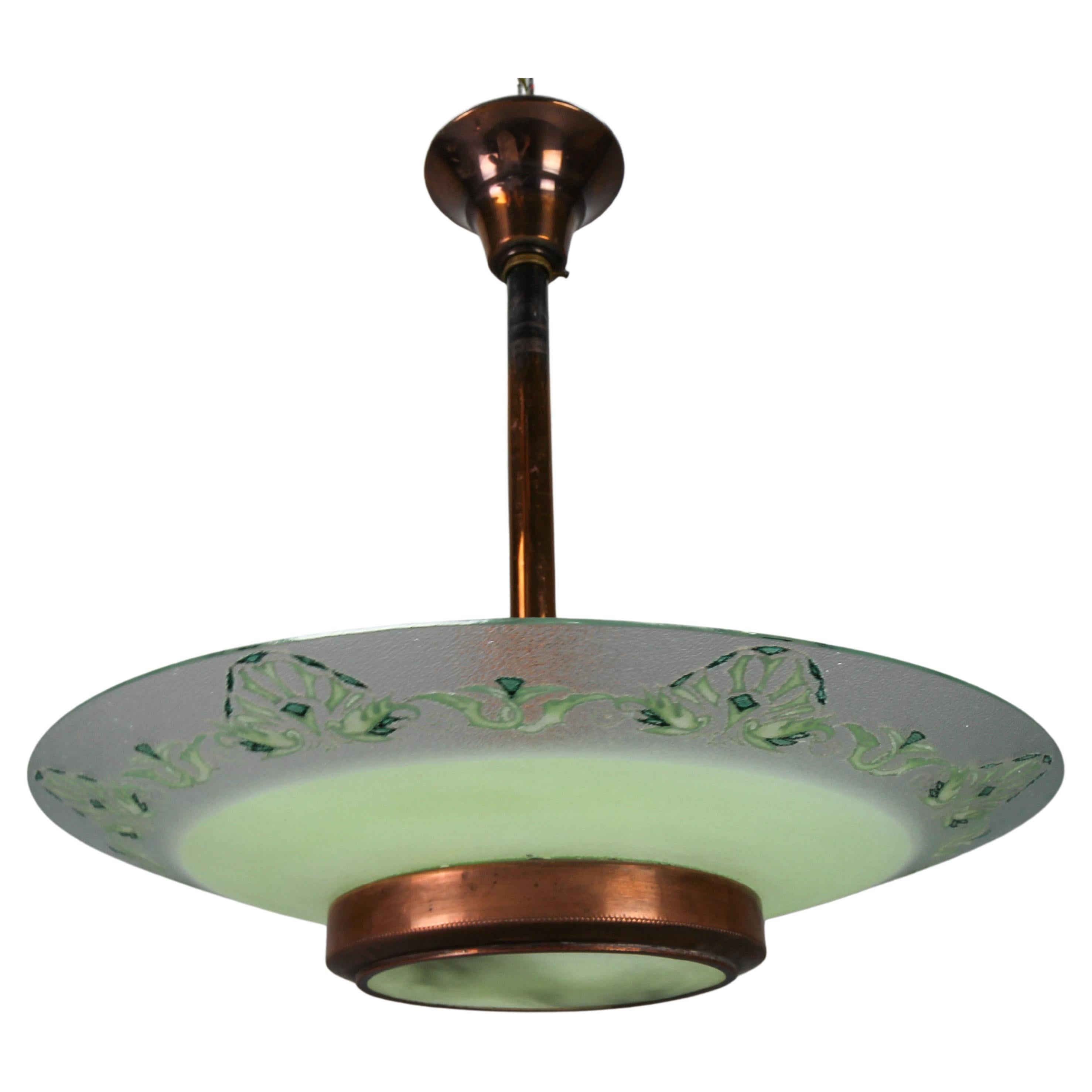 French Art Deco Green Textured Glass and Copper Pendant Chandelier by Loys Lucha For Sale