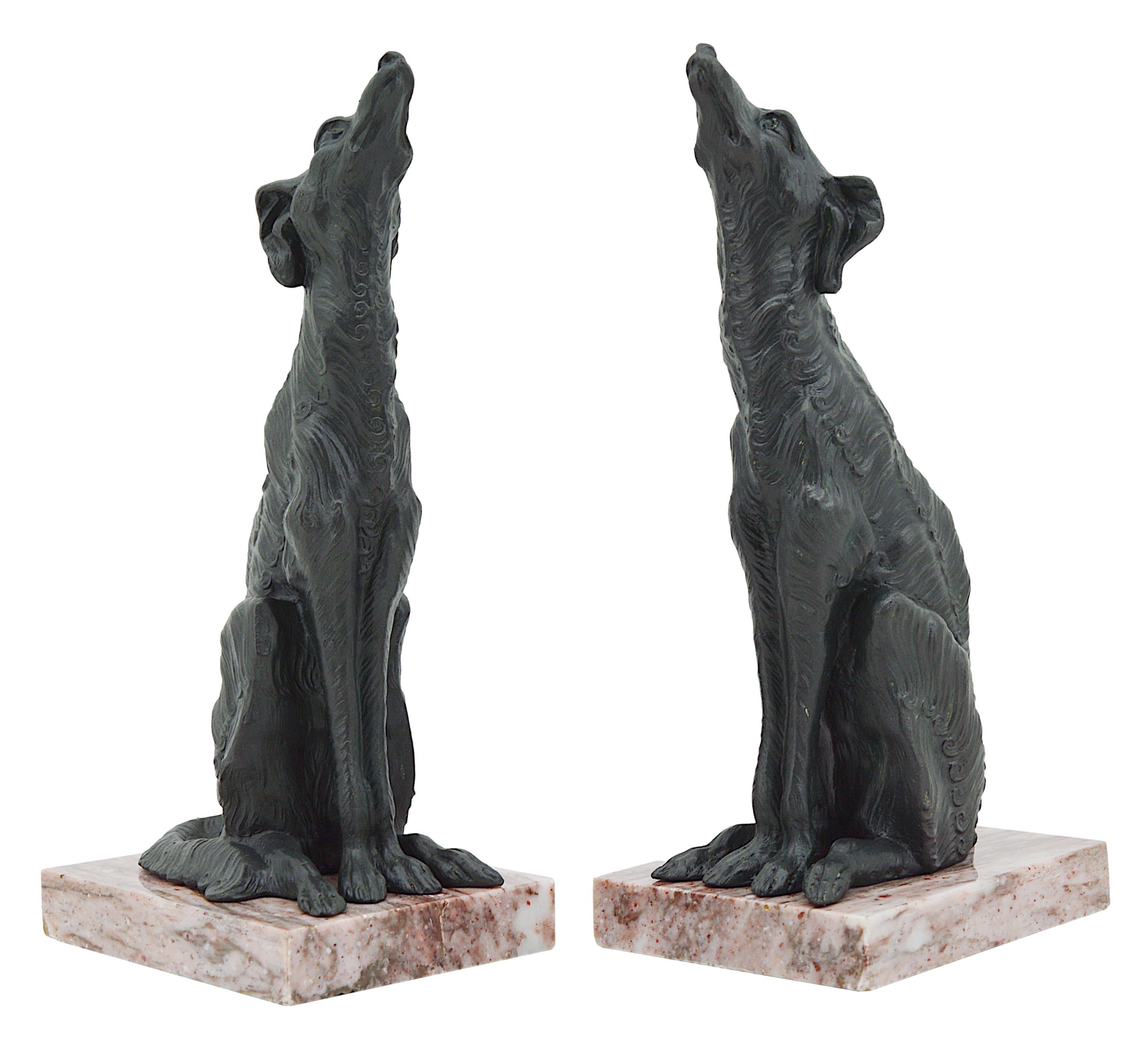 Patinated French Art Deco Greyhound Bookends, 1920s