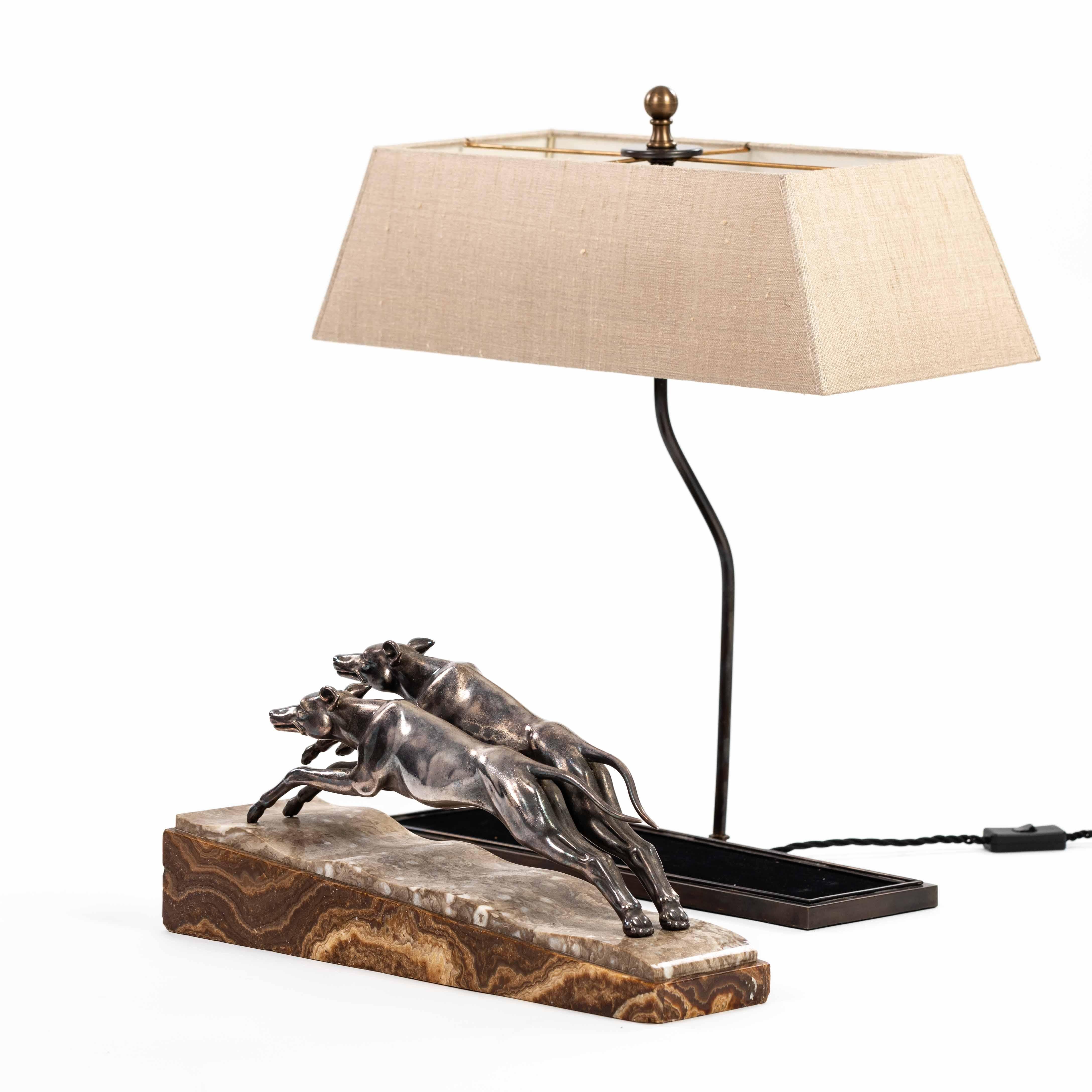 Art Deco French Art Déco Greyhound Table Lamp Bronze Silvered on Marble Base 1930s For Sale