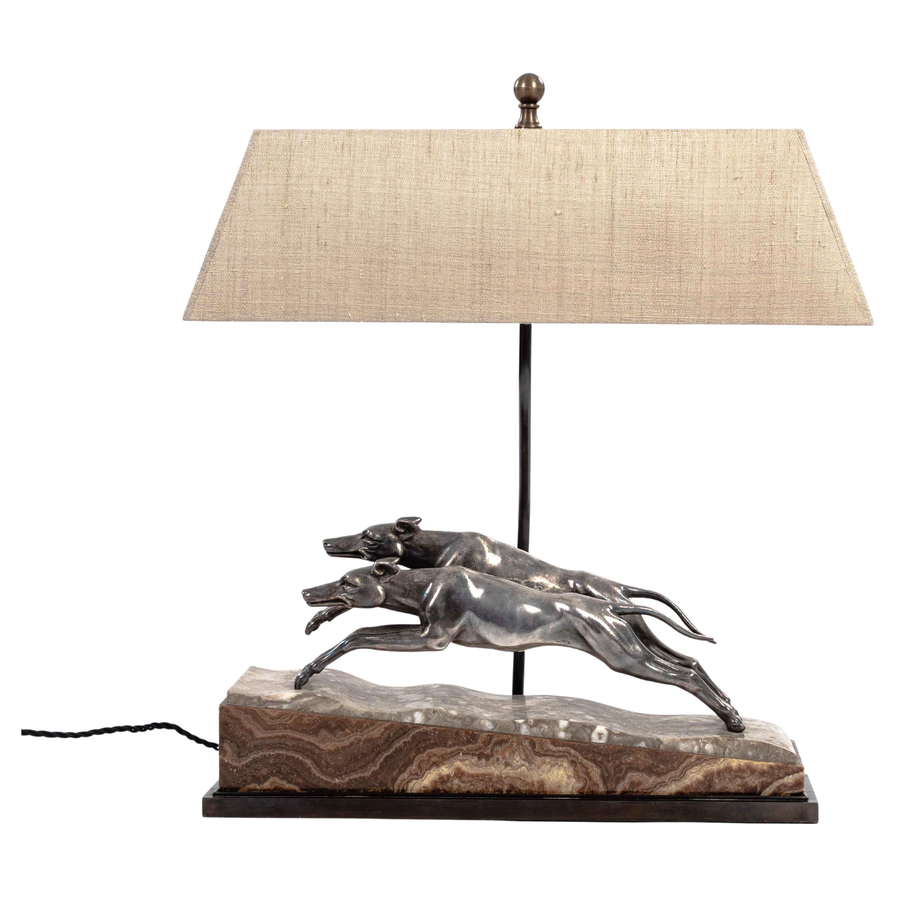 French Art Déco Greyhound Table Lamp Bronze Silvered on Marble Base 1930s For Sale