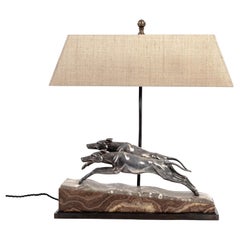 Vintage French Art Déco Greyhound Table Lamp Bronze Silvered on Marble Base 1930s