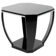 Gueridon Art Déco Français Noir Laqué Brillant Argenté Sculptures 1920s