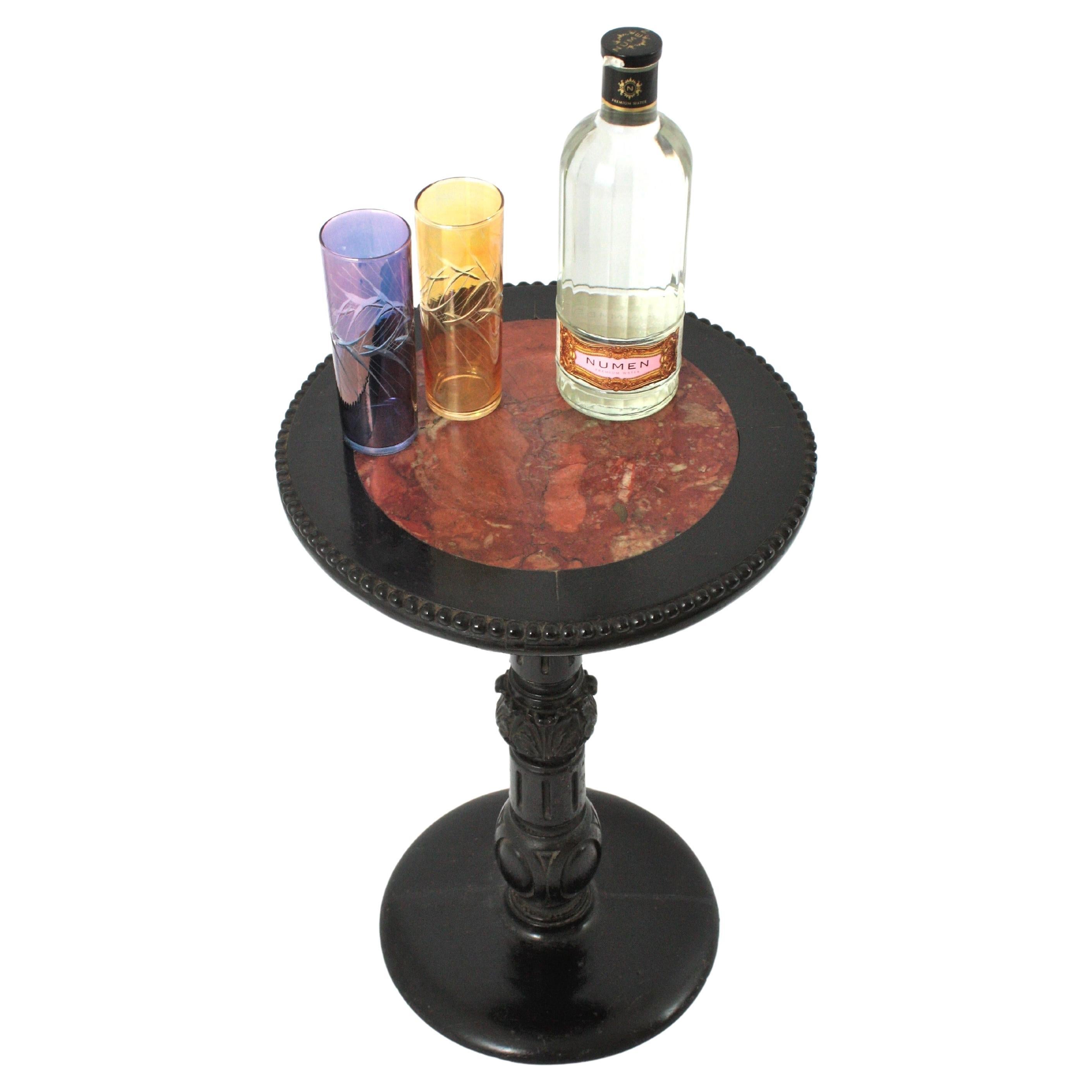 Mesa Gueridón Art Decó Francesa / Mesa Auxiliar de Madera Negra y Mármol Rojo, Años 30