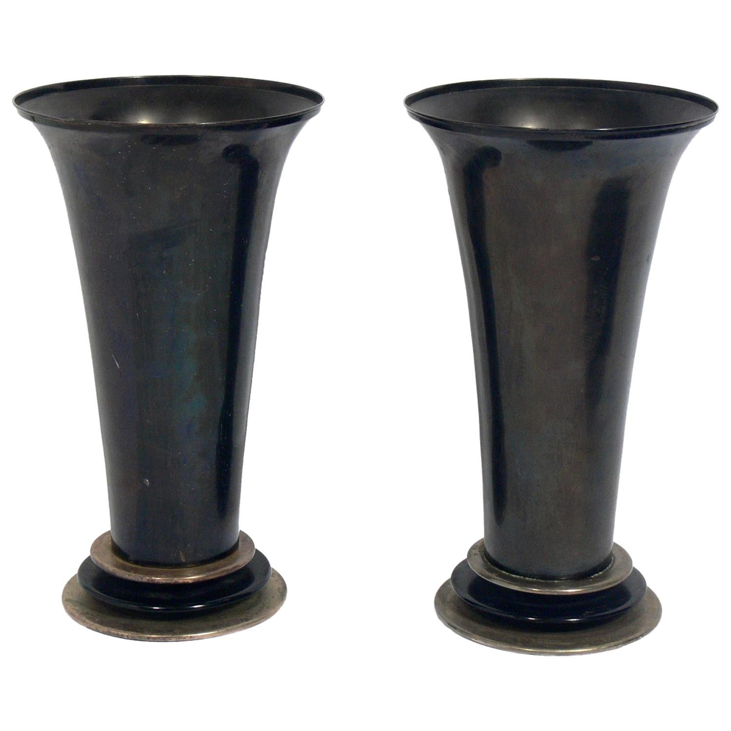 French Art Deco Gun Metal and Nickel Urns