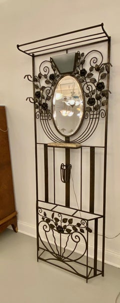 French Art Deco Hall Tree Coat Rack with Glass Light Sconce