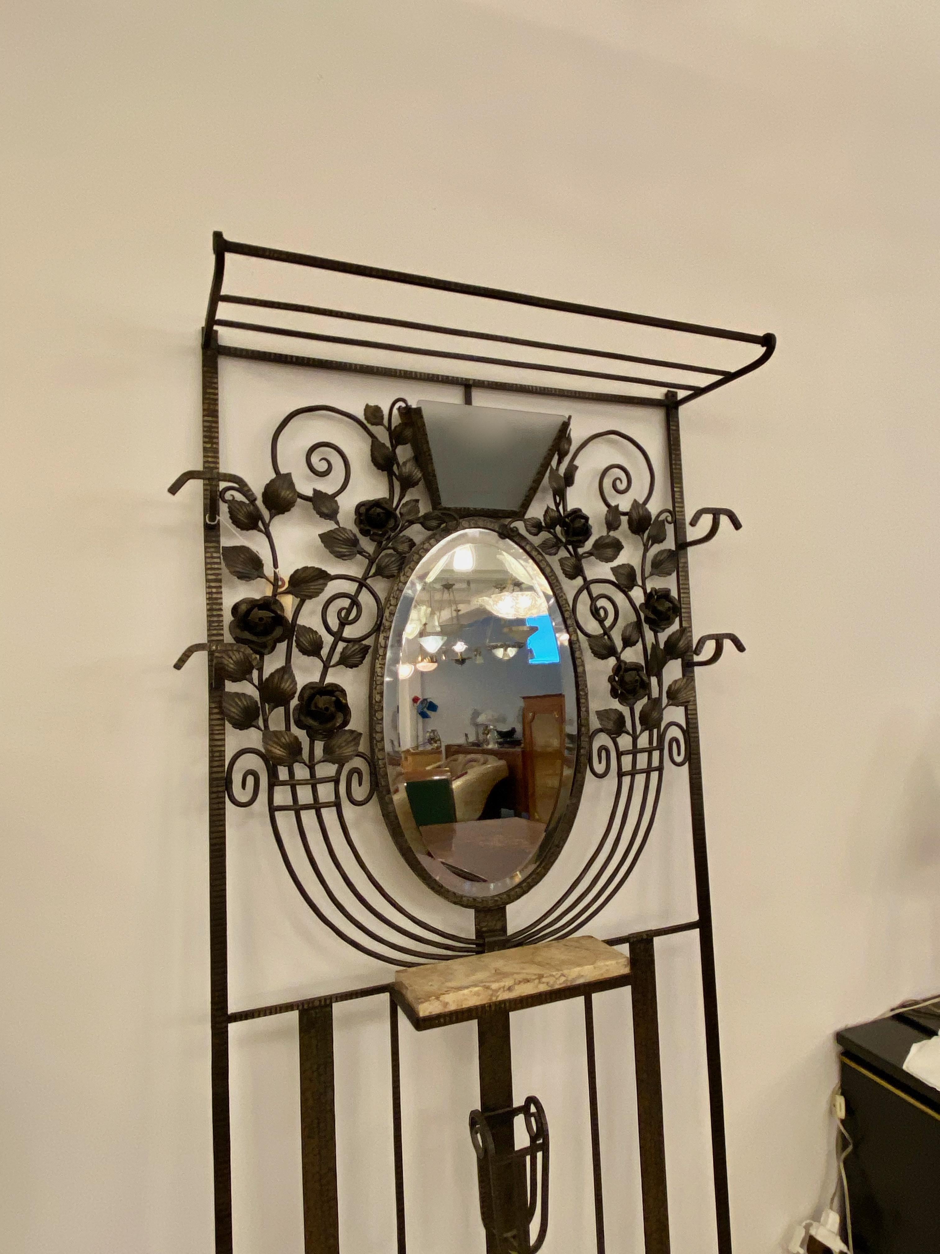 20th Century French Art Deco Hall Tree Coat Rack with Glass Light Sconce For Sale