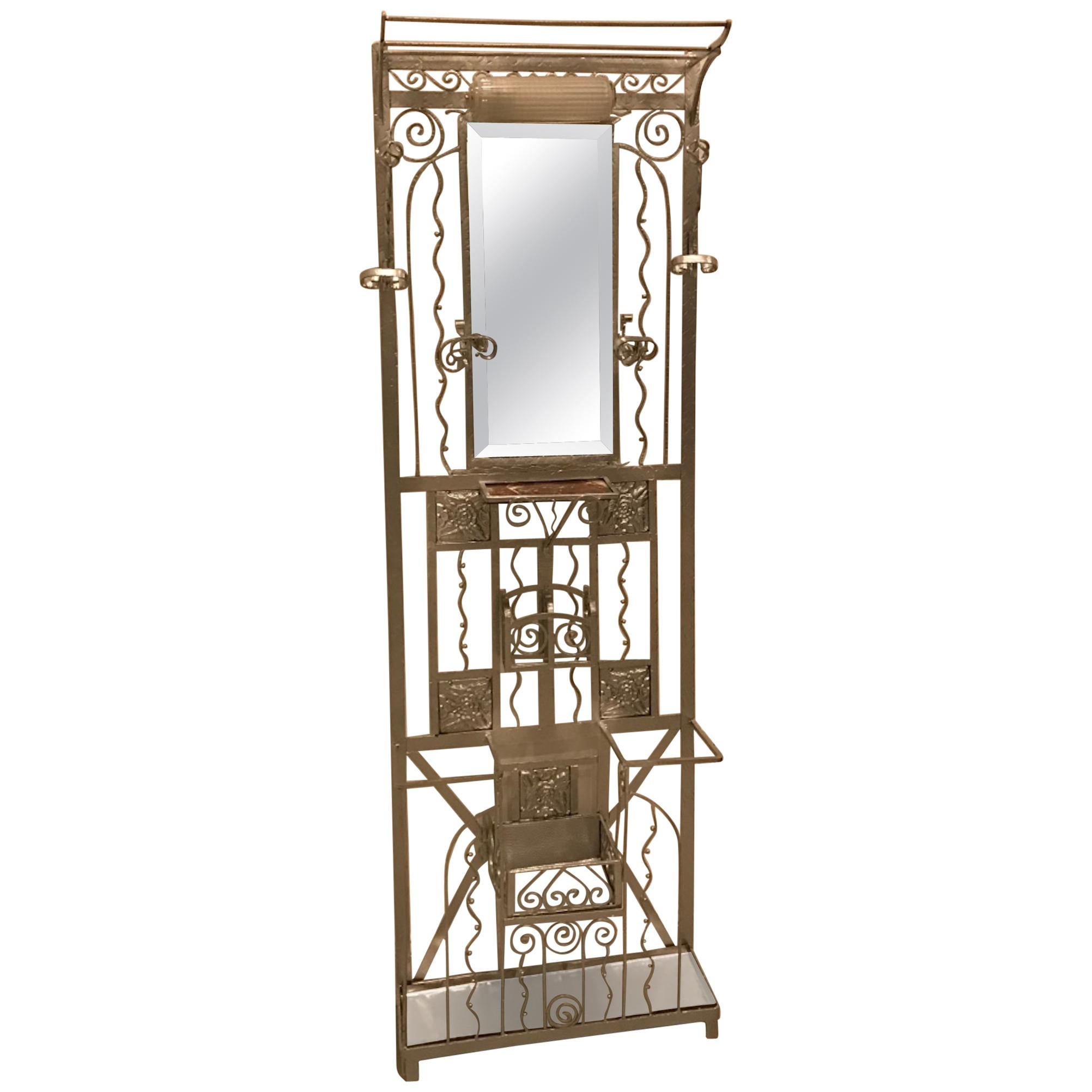 French Art Deco Hall Tree Coat Rack with Sabino Glass Light Sconce